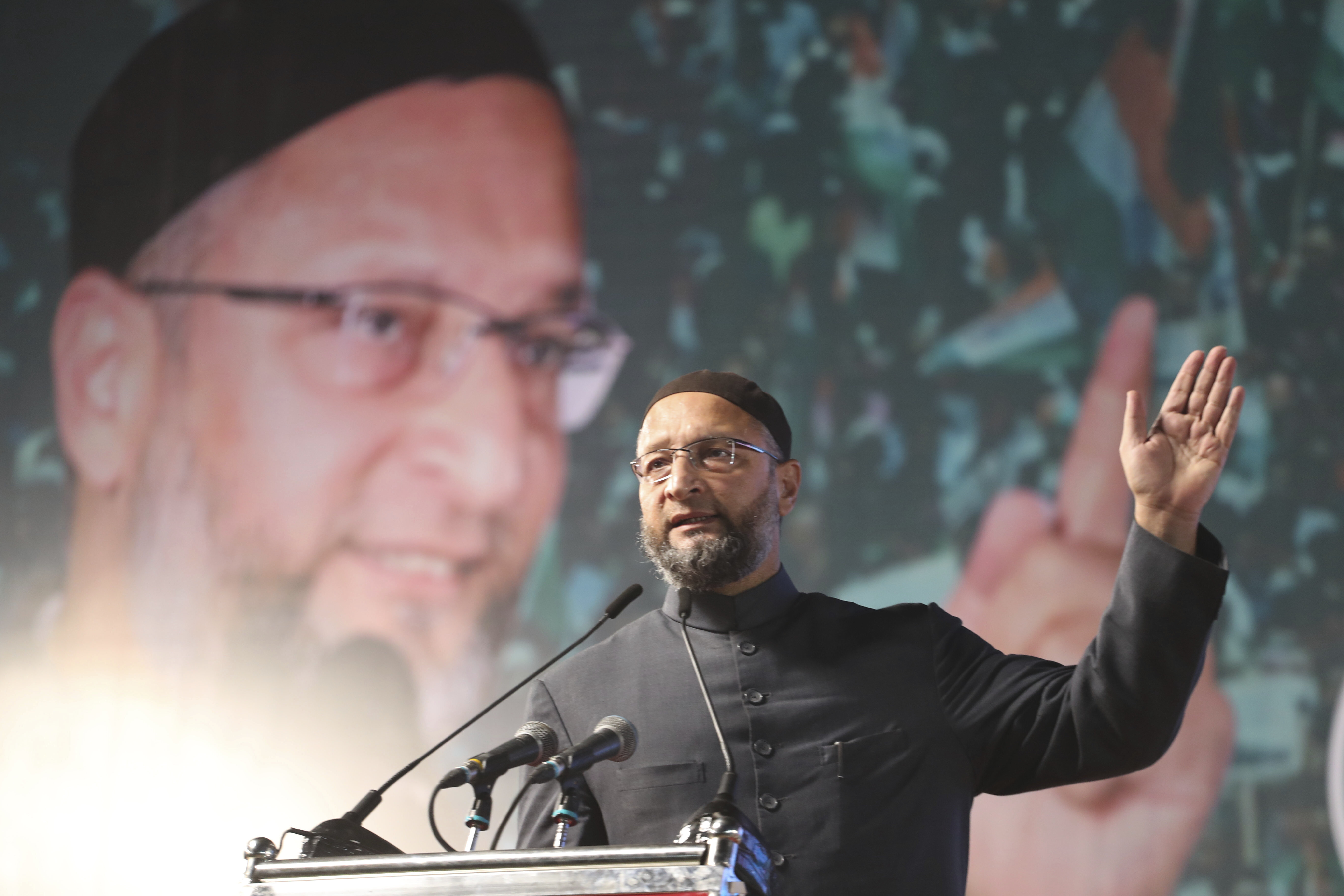 Asaduddin Owaisi, president of All India Majlis-e-Ittehadul Muslimeen(AIMIM) speaks during a public meeting in Ahmedabad, India,