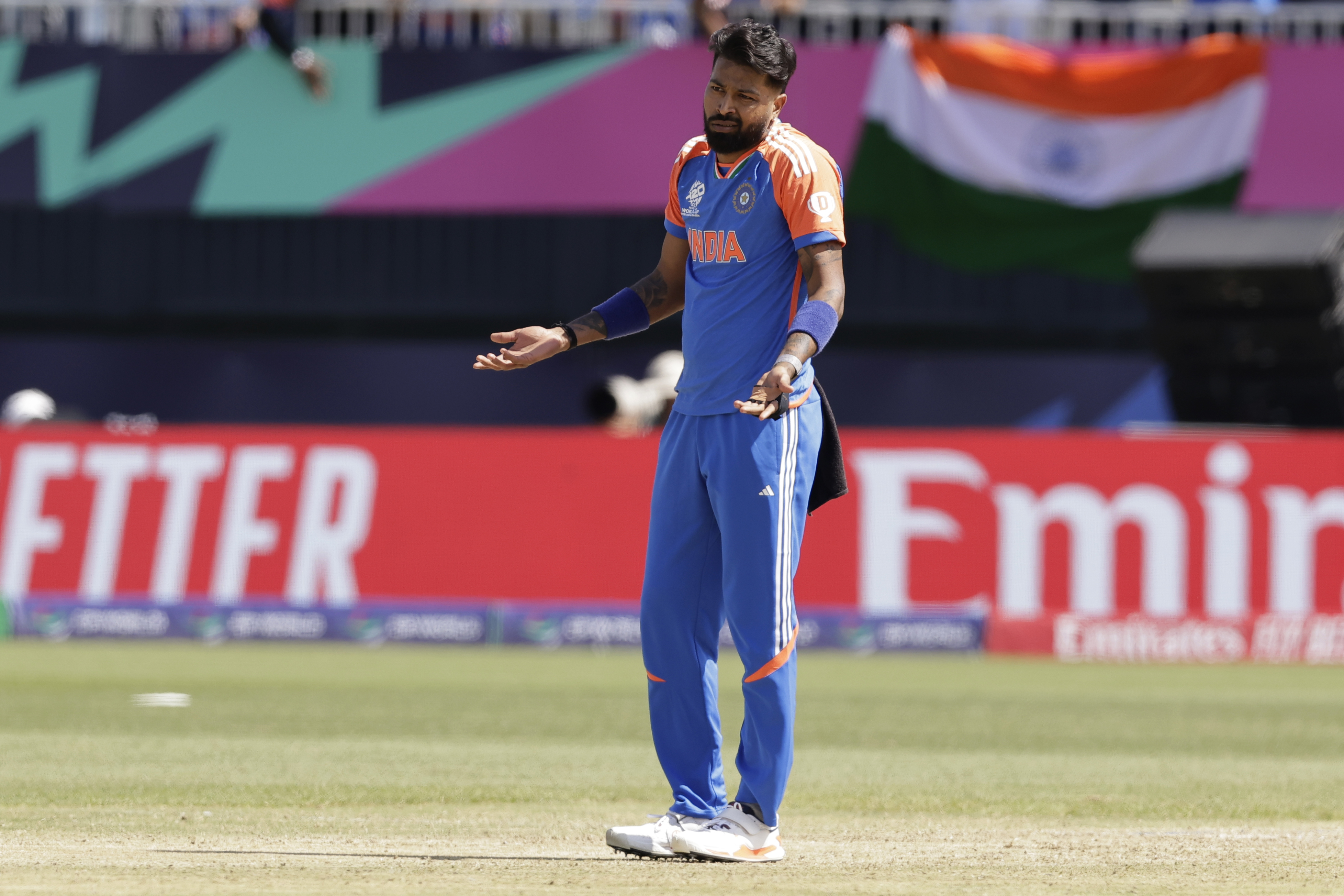 India's Hardik Pandya reacts after dismissing Pakistan's Shadab Khan during the ICC Men's T20 World Cup cricket match between India and Pakistan at the Nassau County International Cricket Stadium in Westbury, New York, Sunday, June 9, 2024. (AP Photo/Adam Hunger)
