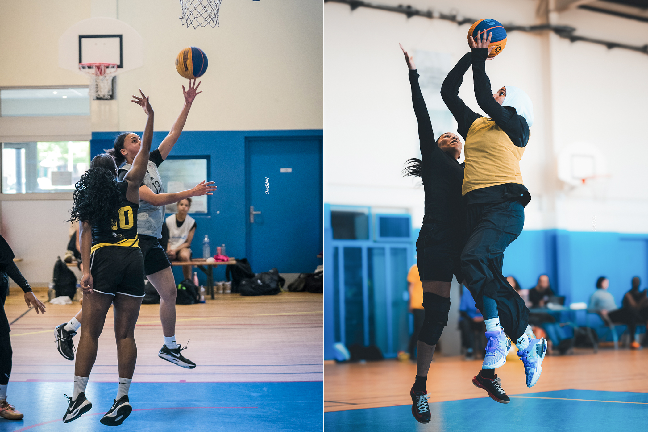 Women players on basketball court.