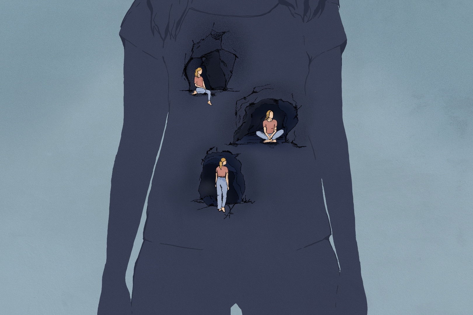 An illustration depicts a dark outline of a woman with three caves, each with smaller versions of the woman inside, within her chest