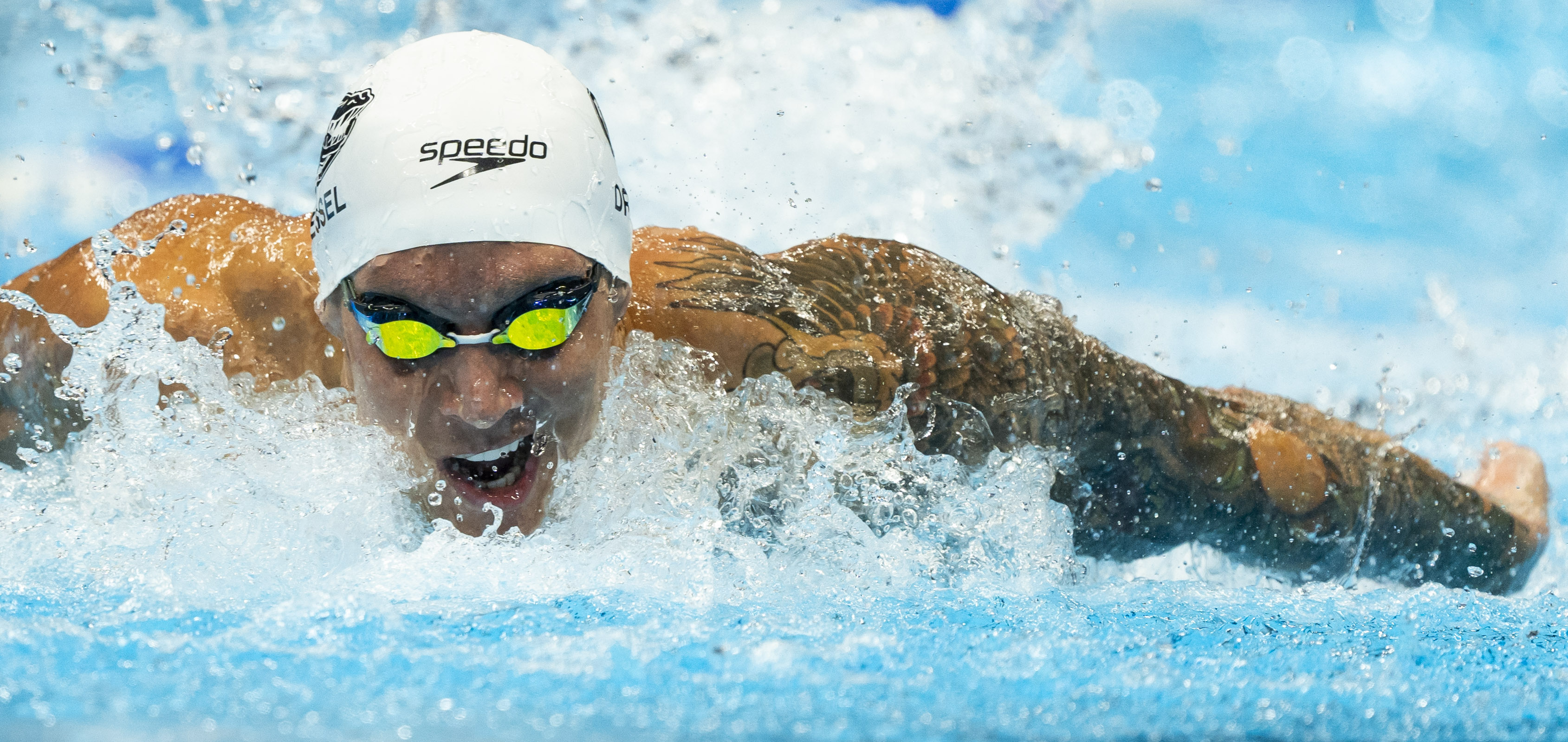 Caeleb Dressel swims Friday, June 21, 2024, in the U.S. Olympic Team Swimming Trials mens 100 meter butterfly prelims at Lucas Oil Stadium in Indianapolis. Mandatory Credit: Mykal McEldowney-USA TODAY Sports