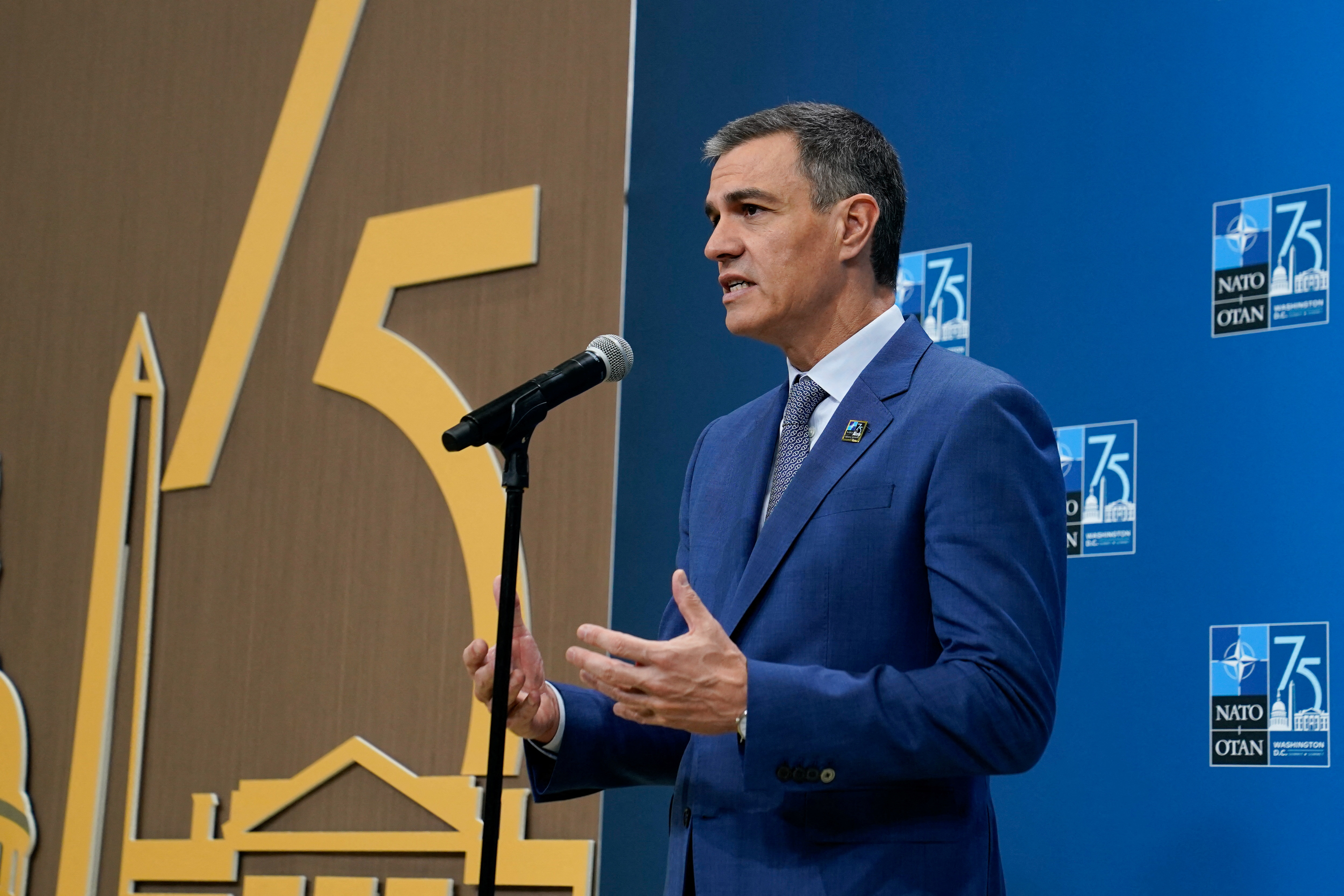 Spanish Prime Minister Pedro Sanchez delivers remarks at NATO's 75th anniversary summit in Washington, US, July 10, 2024. [File: Elizabeth Franz/Reuters]