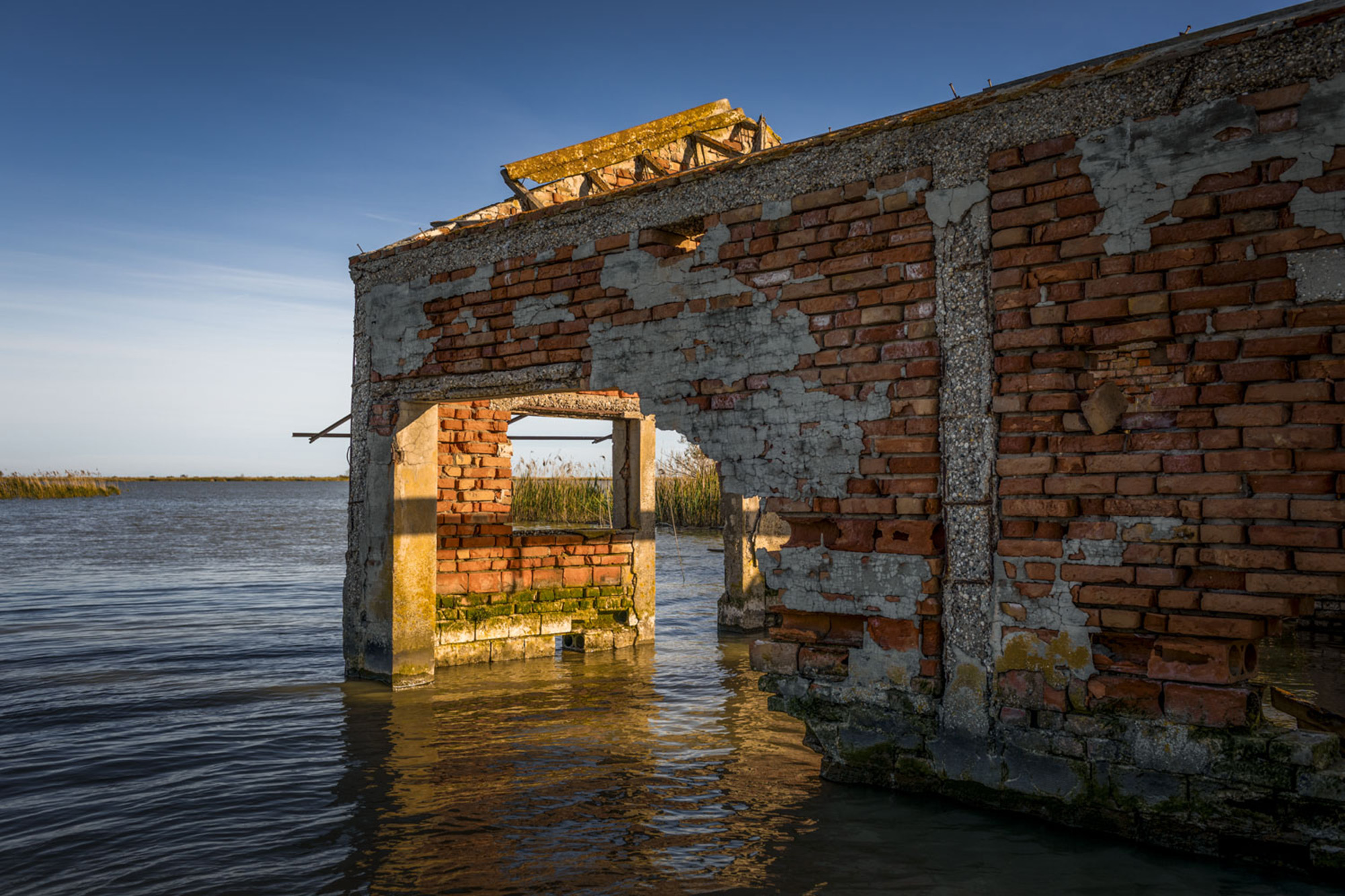 A ruin of the 'Isola Batteria' in Porto Tolle, Rovigo, Veneto. Before being submerged by the sea, the area was the site of a German military post during World War II