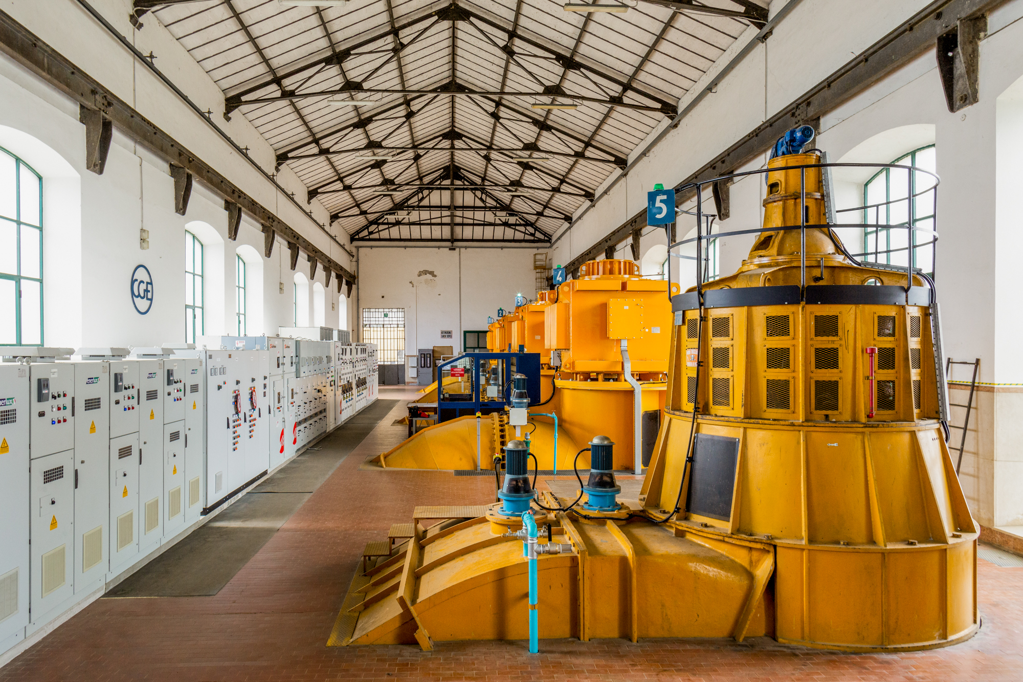 The electric pumps at the Acque Basse water pumping plant in Codigoro, Ferrara, Emilia-Romagna. The Po Delta region has been reclaimed by the sea over the centuries