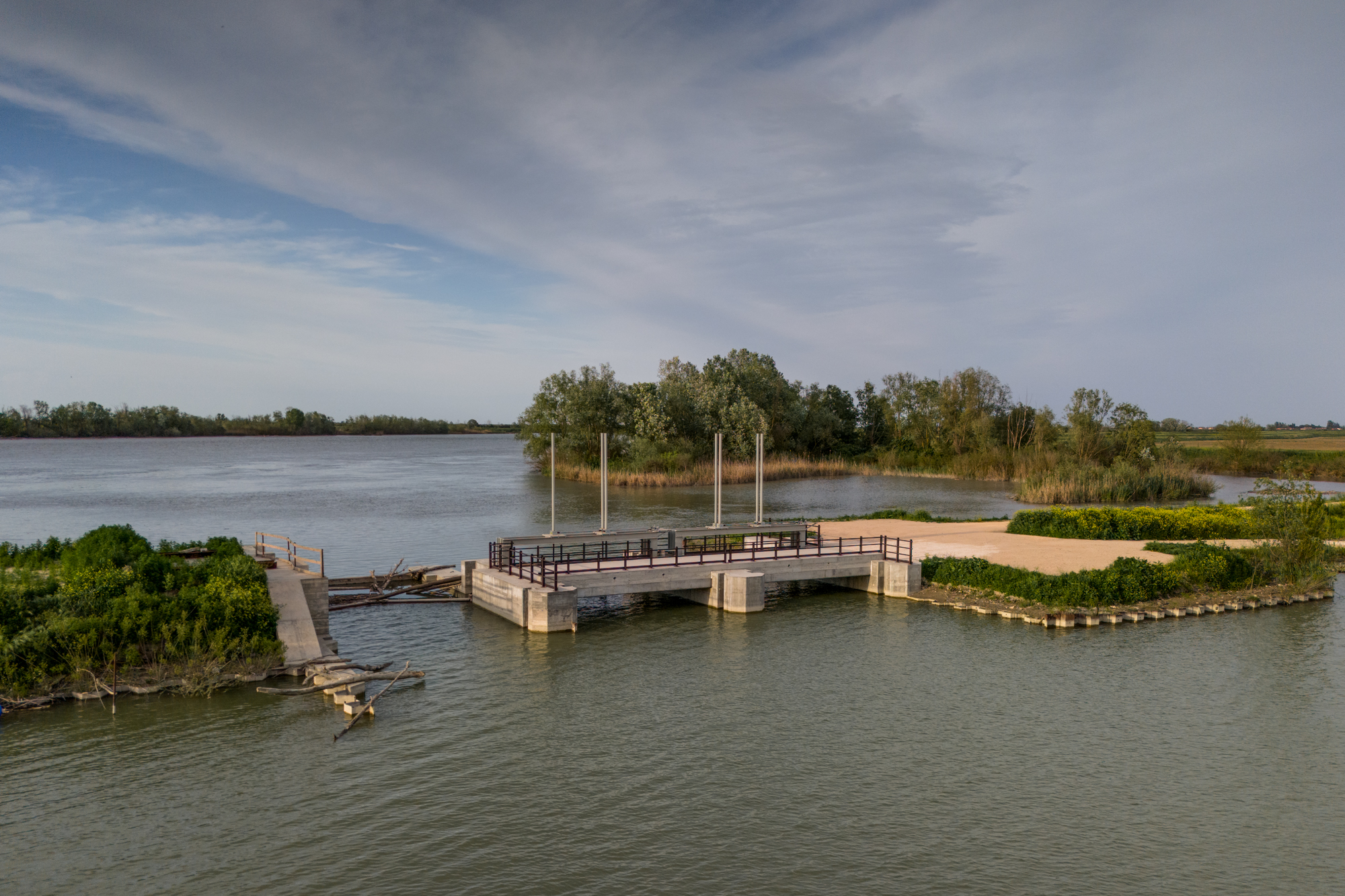 The Volta Vaccari barrier in Porto Tolle, Rovigo, Veneto. As the saltwater rises, the barrier closes automatically to ensure the availability of freshwater, equal to 1 million cubic metres, to be allocated to agricultural activities in the area during the critical months
