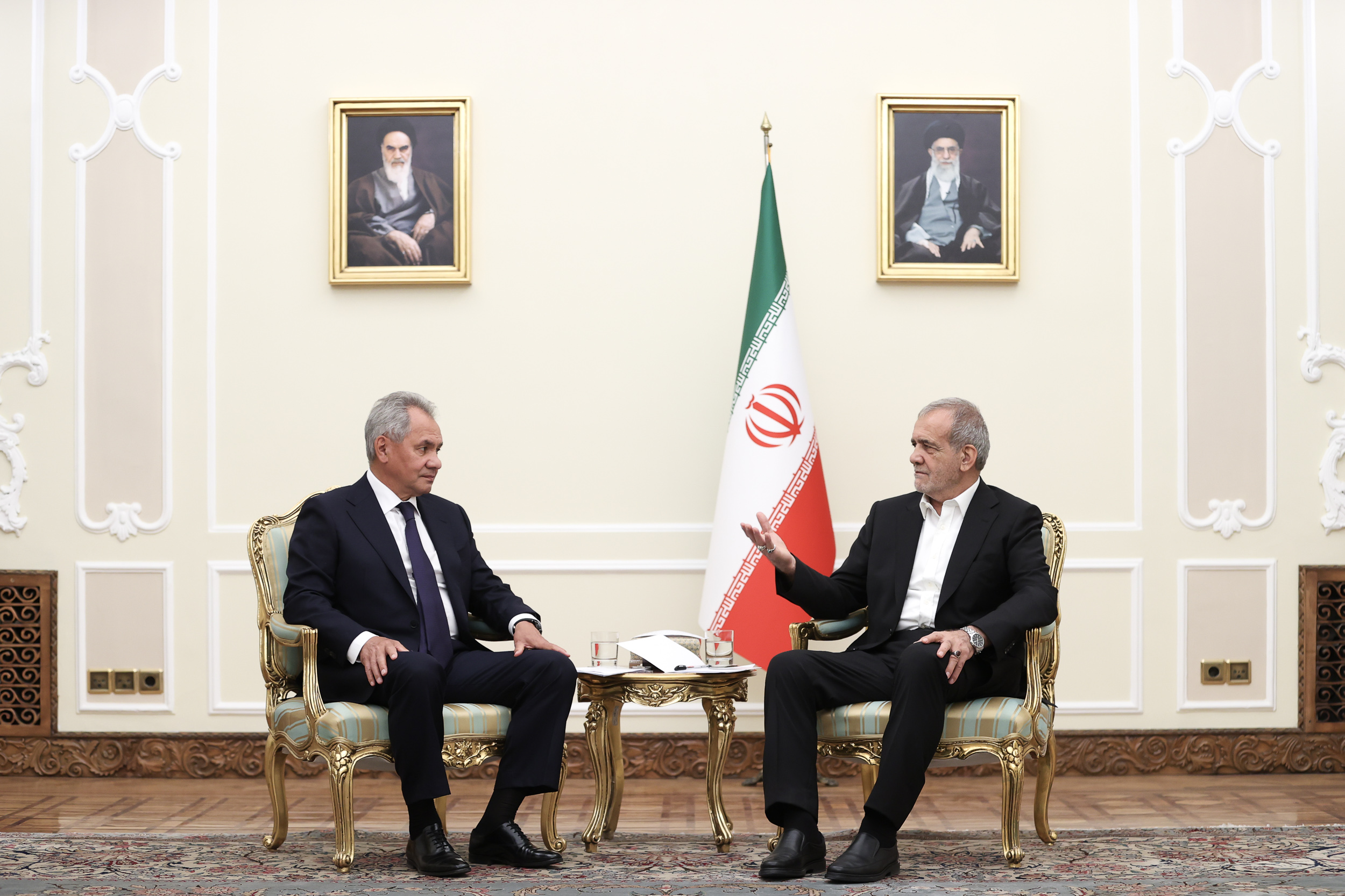 Iran’s President Masoud Pezeshkian receives Russia’s Security Council Secretary Sergei Shoigu in Tehran, on August 5, 2024