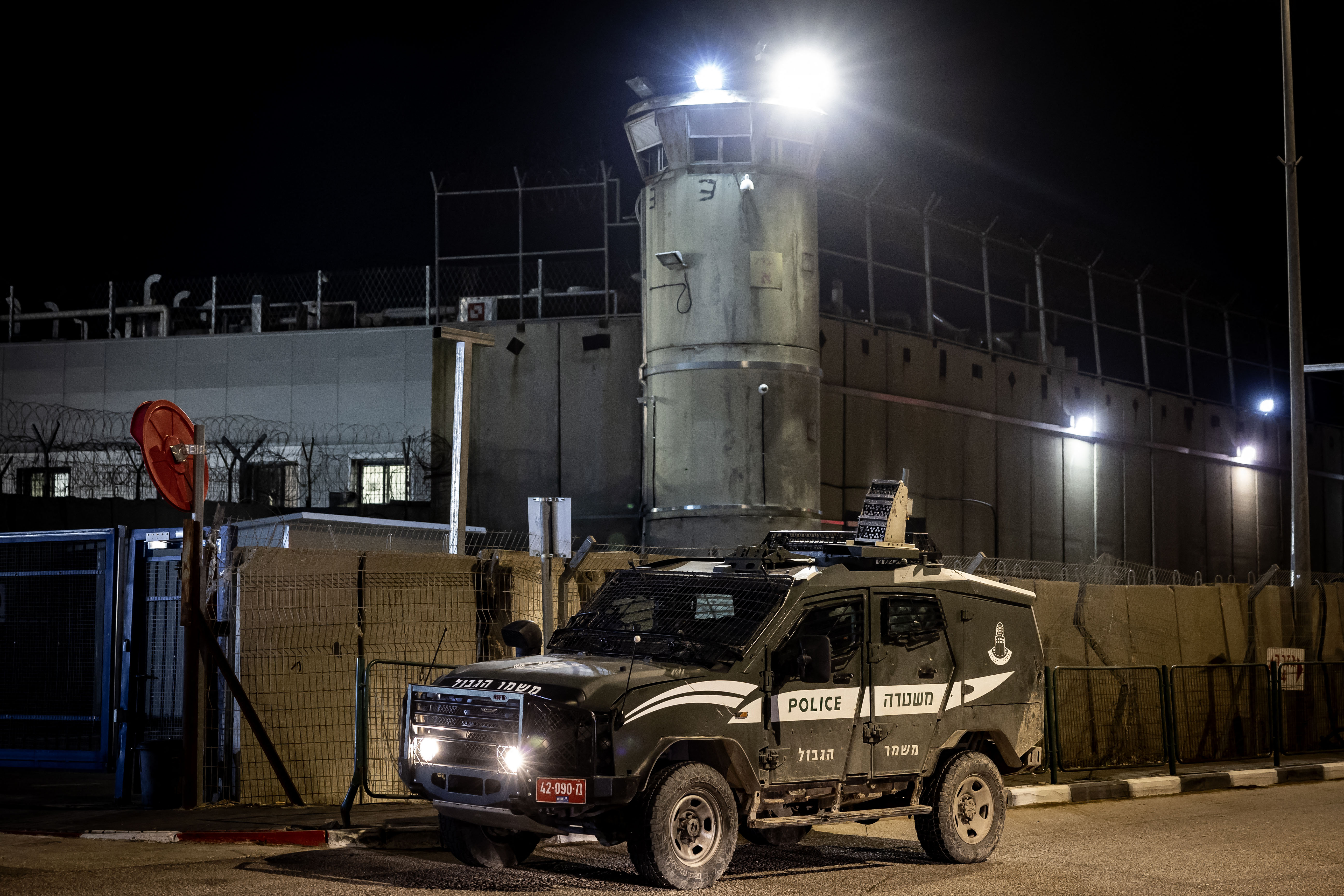 An Israeli border police vehicle is pictured outside the Ofer military prison