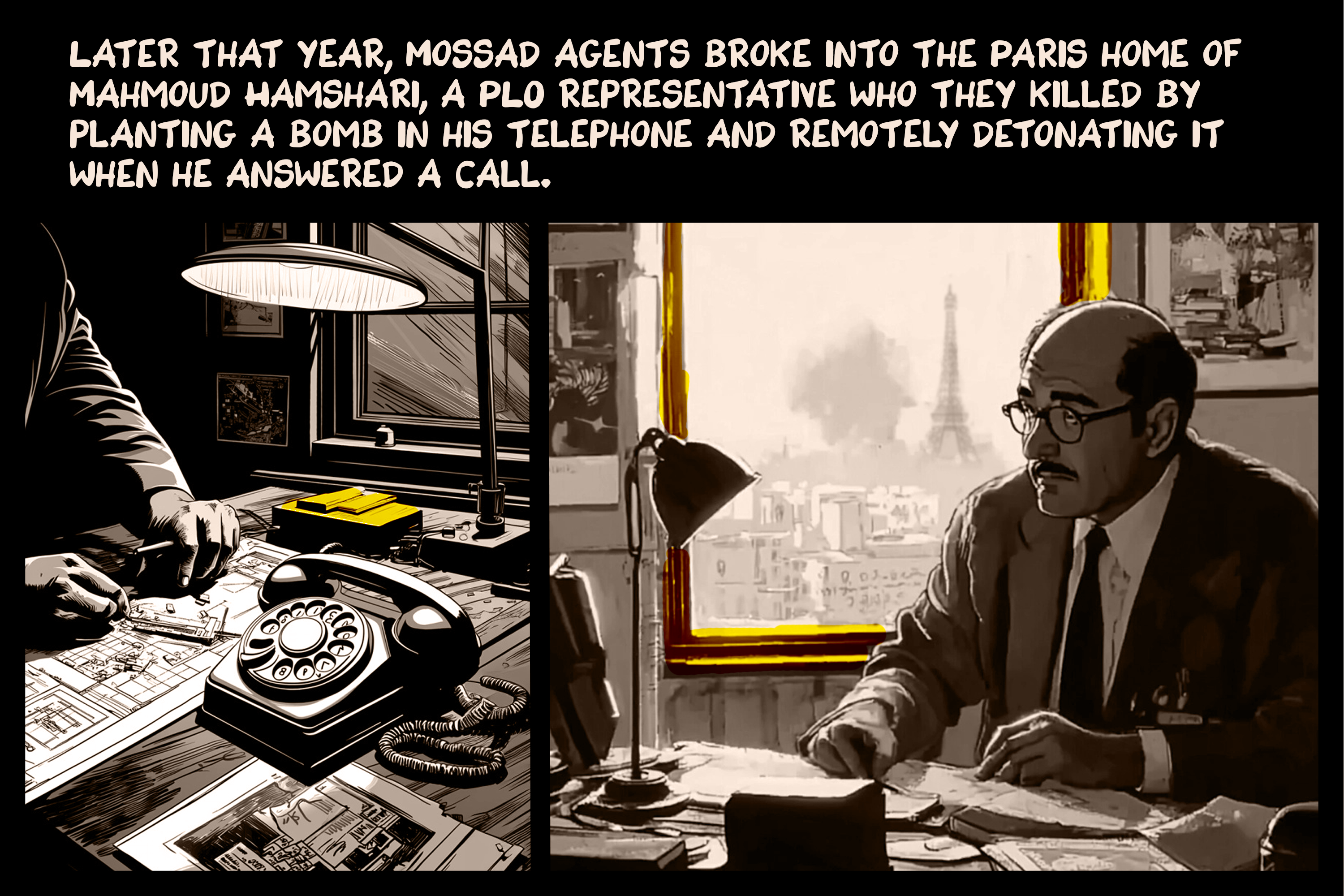 Later that year, Mossad agents broke into the Paris home of Mahmoud Hamshari, a PLO representative who they killed by planting a bomb in his telephone and remotely detonating it when he answered a call.