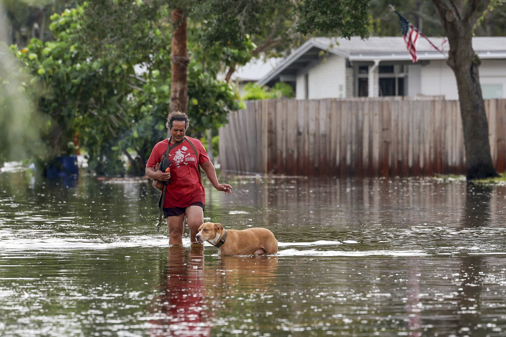 a woman and her dog walk through flooded streets