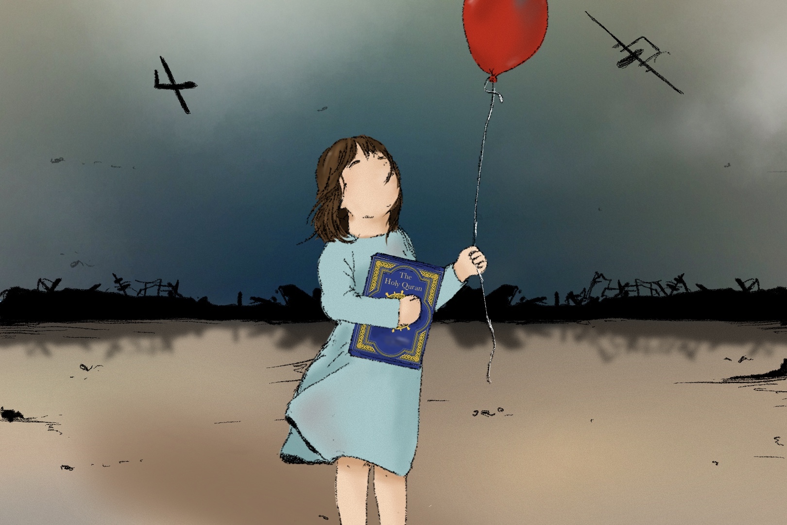 an illustration of a little girl holding the Quran and a baloon surrounded by ruins of buildings and drones in the sky