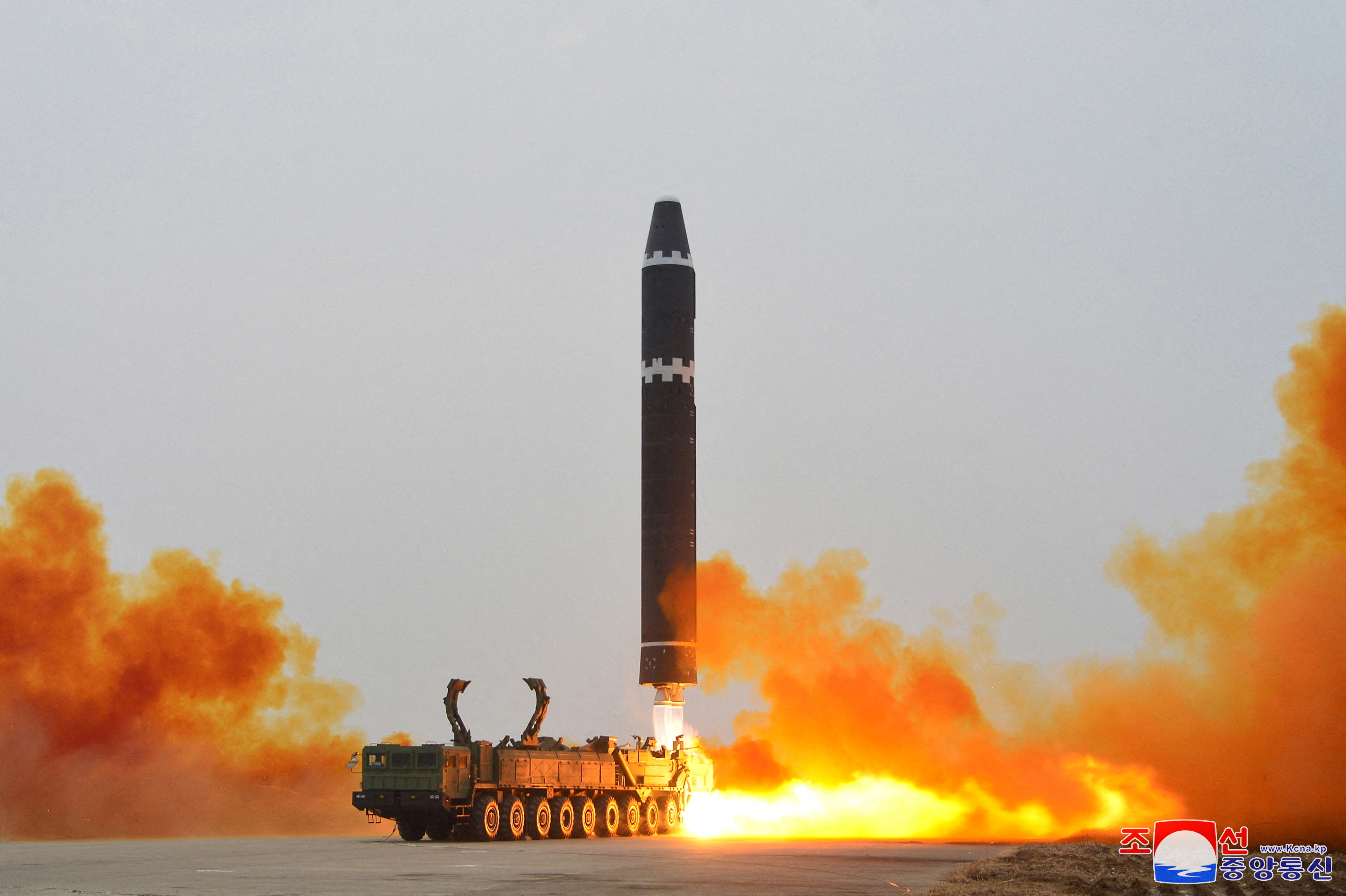A Hwasong-15 intercontinental ballistic missile (ICBM) is launched at Pyongyang International Airport, in Pyongyang, North Korea February 18, 2023 in this photo released by North Korea's Korean Central News Agency (KCNA). KCNA via REUTERS ATTENTION EDITORS - THIS IMAGE WAS PROVIDED BY A THIRD PARTY. REUTERS IS UNABLE TO INDEPENDENTLY VERIFY THIS IMAGE. NO THIRD PARTY SALES. SOUTH KOREA OUT. NO COMMERCIAL OR EDITORIAL SALES IN SOUTH KOREA. TPX IMAGES OF THE DAY
