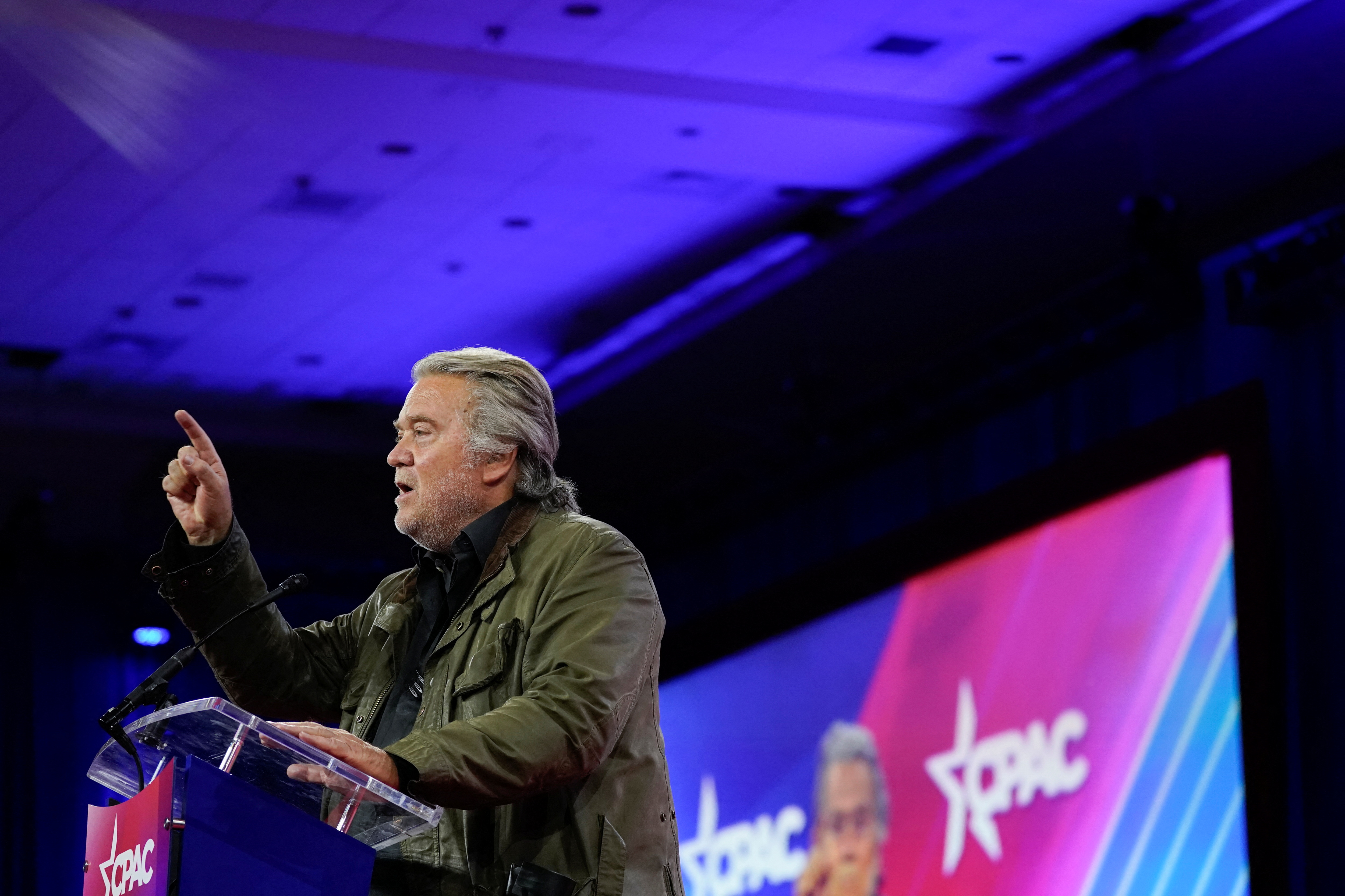 Former White House Chief Strategist Steve Bannon addresses the Conservative Political Action Conference (CPAC) annual meeting in National Harbor, Maryland, U.S., February 24, 2024. REUTERS/Elizabeth Frantz