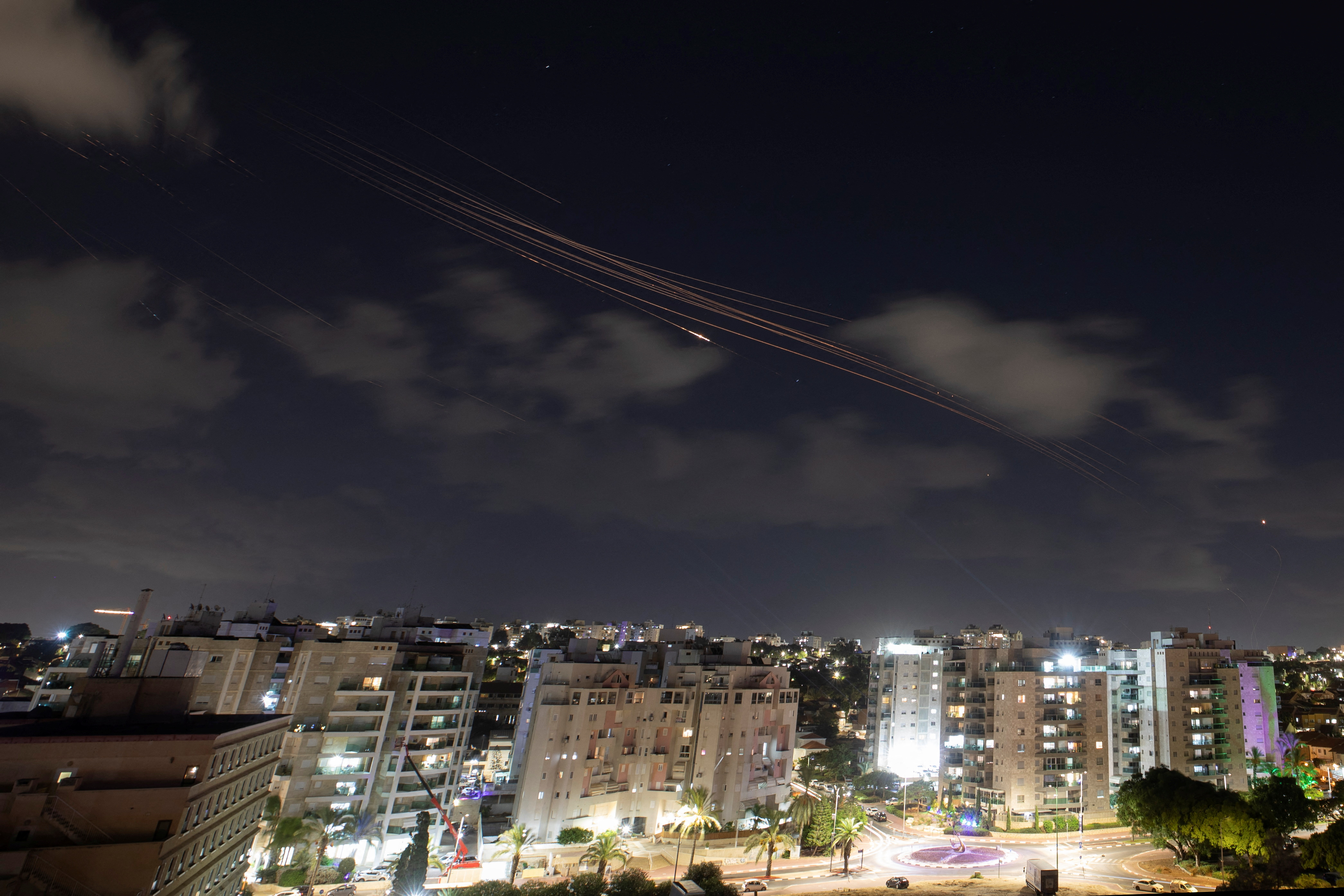 Israel's Iron Dome anti-missile system intercepts rockets, as seen from Ashkelon, Israel