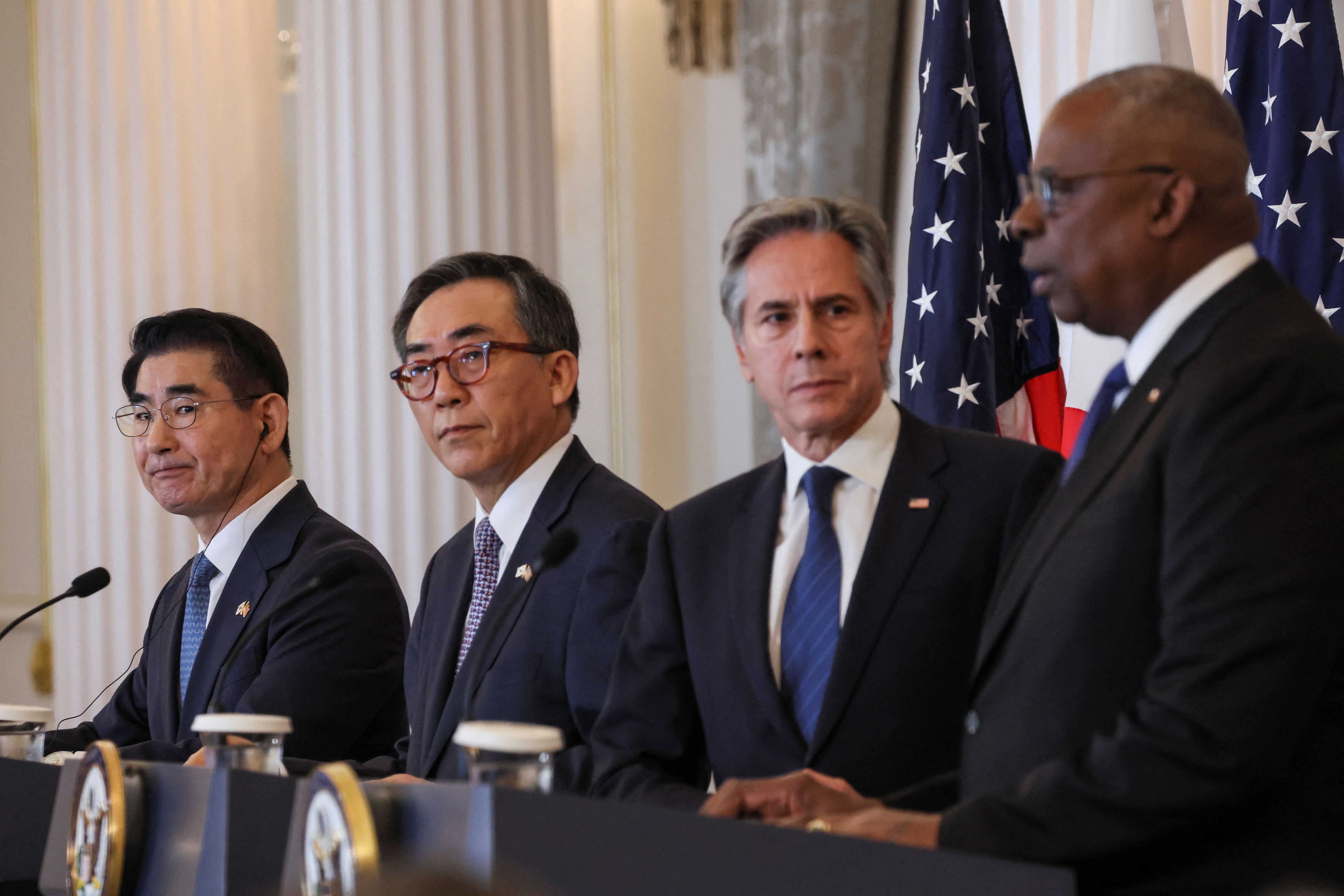 U.S. Secretary of State Antony Blinken and Defense Secretary Lloyd Austin hold a joint press conference with South Korean Foreign Minister Cho Tae-yul and Defense Minister Kim Yong-hyun during a 2+2 meeting, at the State Department in Washington, U.S., October 31, 2024. REUTERS/Leah Millis