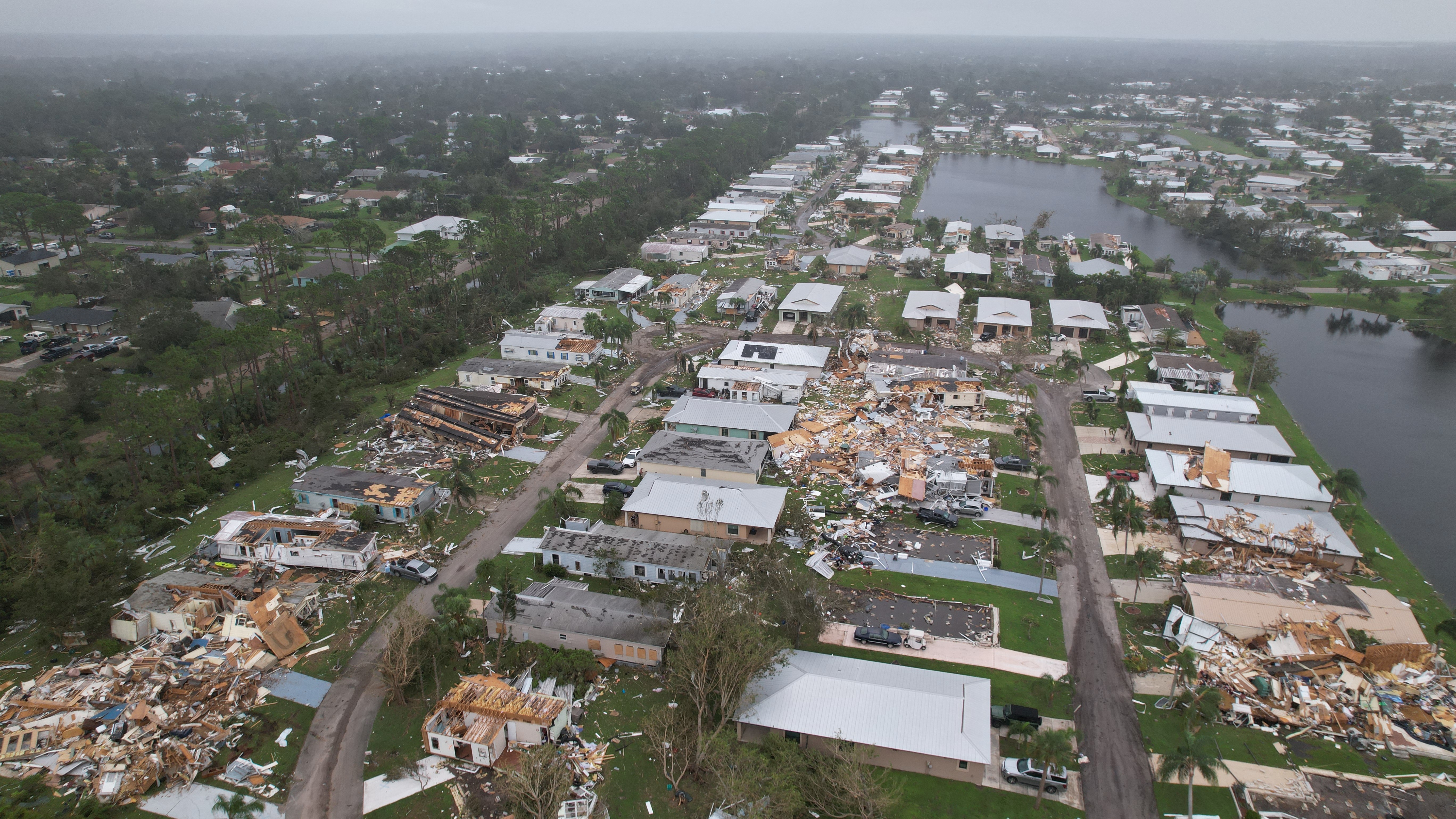 An aerial view shows destruction at the Spanish Lakes country club in Fort Pierce, Florida, in the aftermath of Hurricane Milton on October 10
