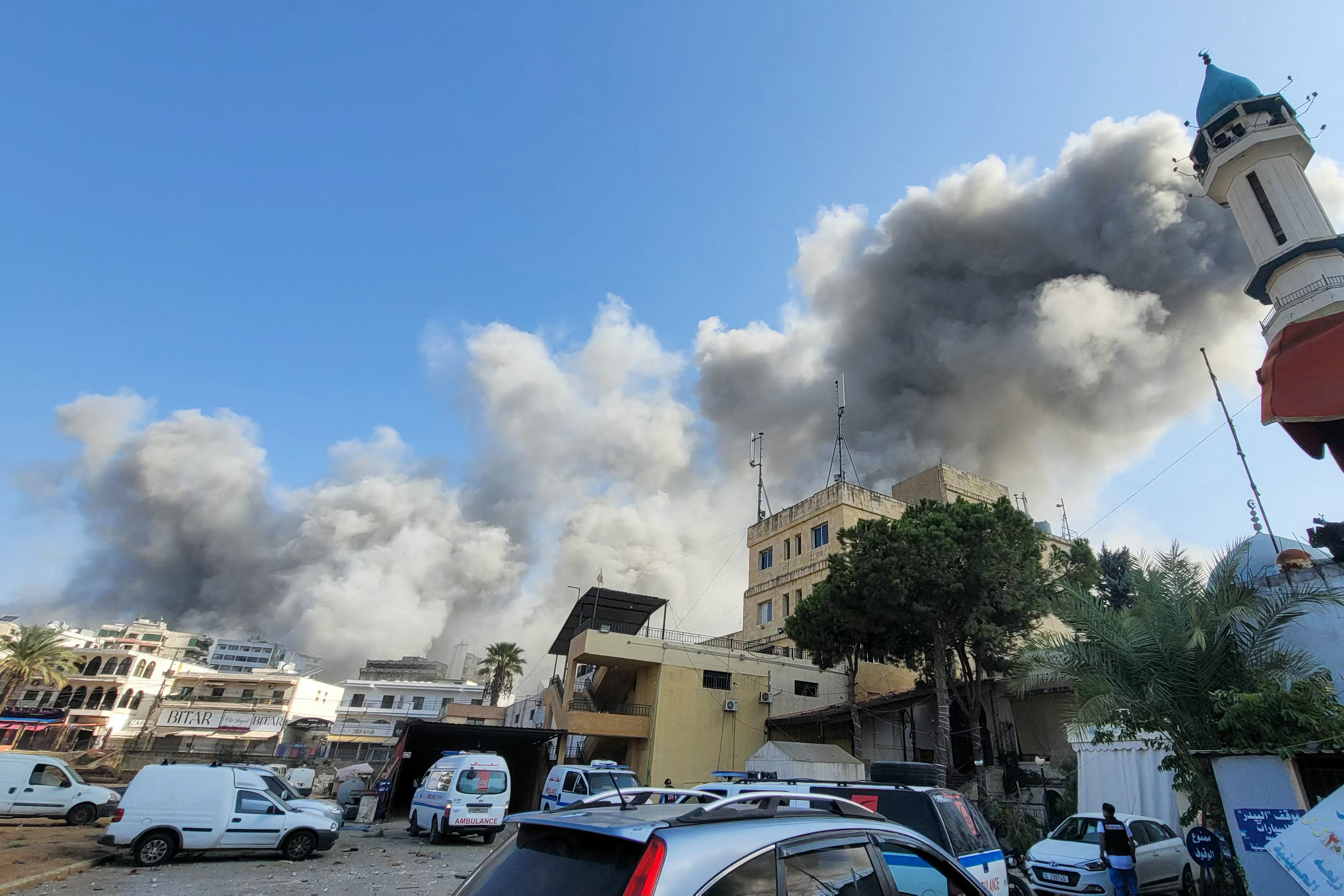 Smoke billows during Israeli airstrikes in the southern Lebanese city of Nabatiyeh on October 16