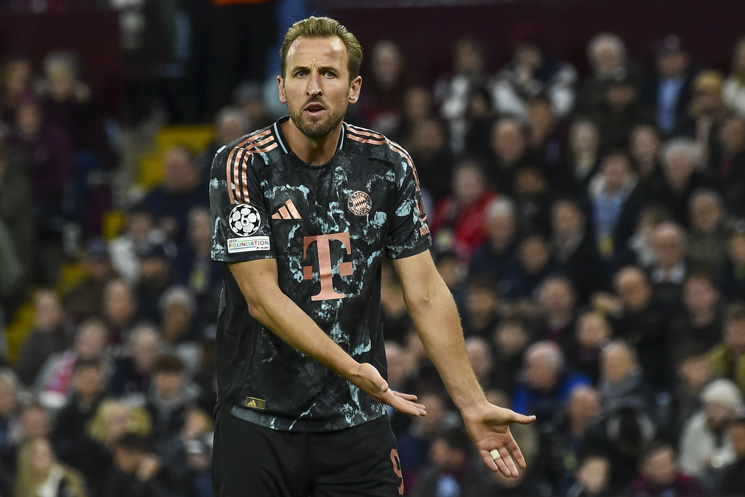 Bayern's Harry Kane reacts during the Champions League opening phase soccer match between Aston Villa and Bayern Munich, at Villa Park in Birmingham, England, Wednesday, Oct. 2, 2024. (AP Photo/Rui Vieira)