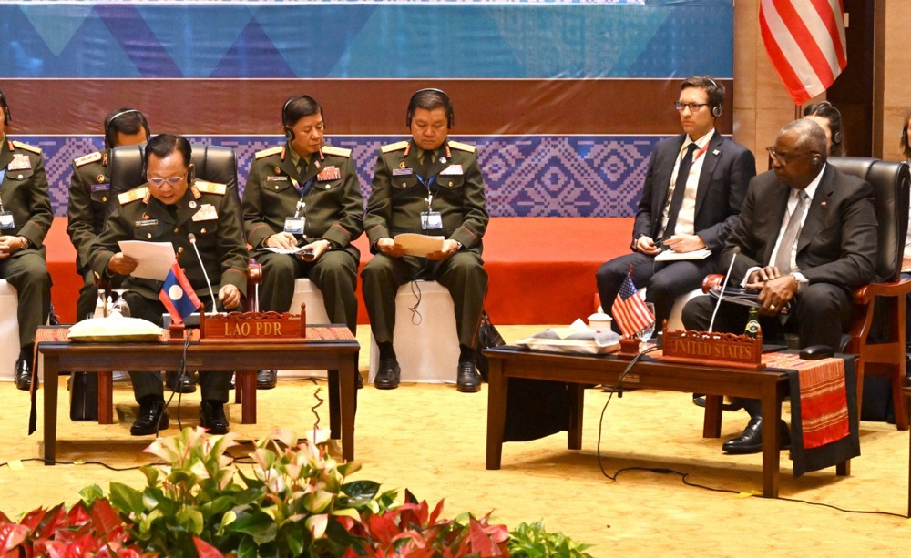epa11730508 A handout photo made available by ASEAN Secretariat shows US Secretary of Defense Lloyd Austin III (R) listening Laos' Deputy Prime Minister and Minister of National Defense Chansamone Chanyalath (L) speaking during the ASEAN-US Defence Ministers' Informal Meeting as part of the ASEAN Defence Ministers' Meeting in Vientiane, Laos, 20 November 2024. Defense Ministers and security representatives of Southeast Asian Nations (ASEAN) convene at a summit hosted by Laos to tighten the defense and security ties and discuss the ongoing civil unrest in Myanmar and a tension in the South China Sea. EPA-EFE/ASEAN SECRETARIAT / KUSUMA PANDU WIJAYA HANDOUT HANDOUT EDITORIAL USE ONLY/NO SALES
