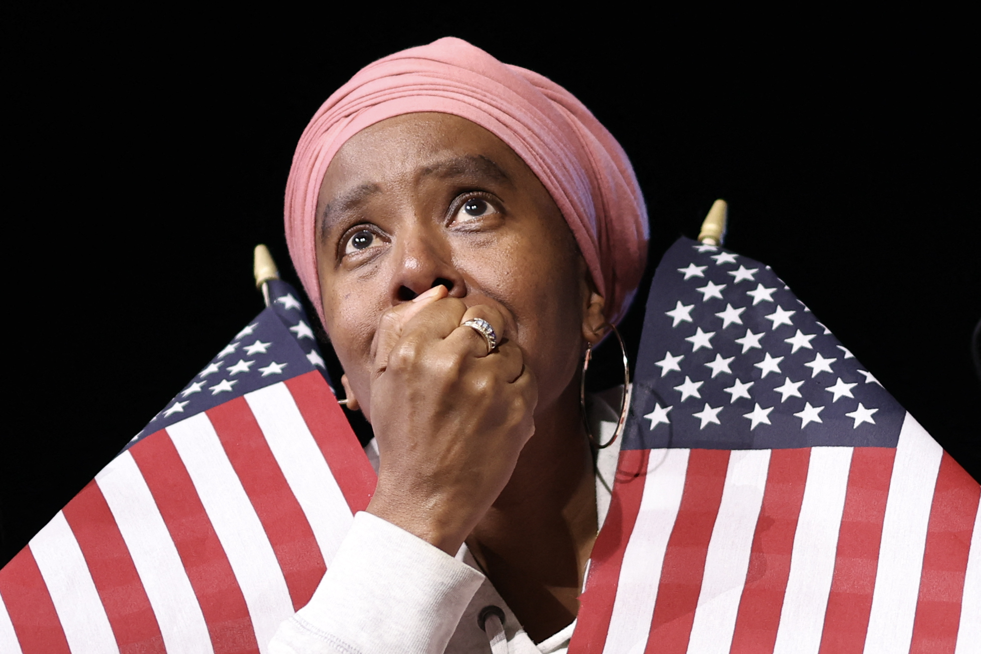 A supporter of US Vice President and Democratic presidential candidate Kamala Harris reacts during an election night event at Howard University in Washington, DC, on November 5