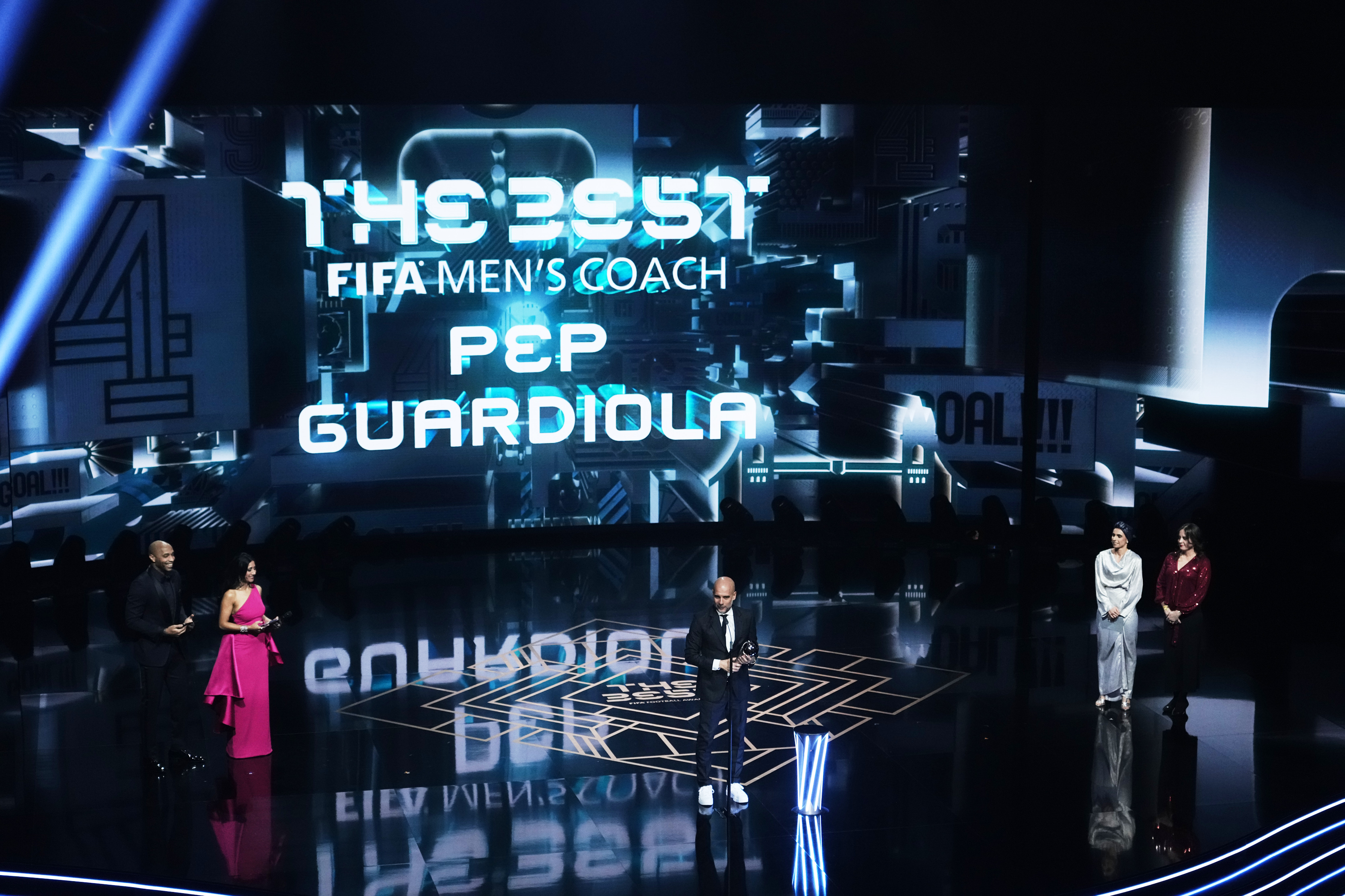 LONDON, ENGLAND - JANUARY 15: FIFA Men's Coach of the Year, Pep Guardiola of Manchester City FC and Spain, speaks with his trophy during The Best FIFA Football Awards 2023 at The Apollo Theatre on January 15, 2024 in London, England. (Photo by Jose Breton/Pics Action/NurPhoto via Getty Images)