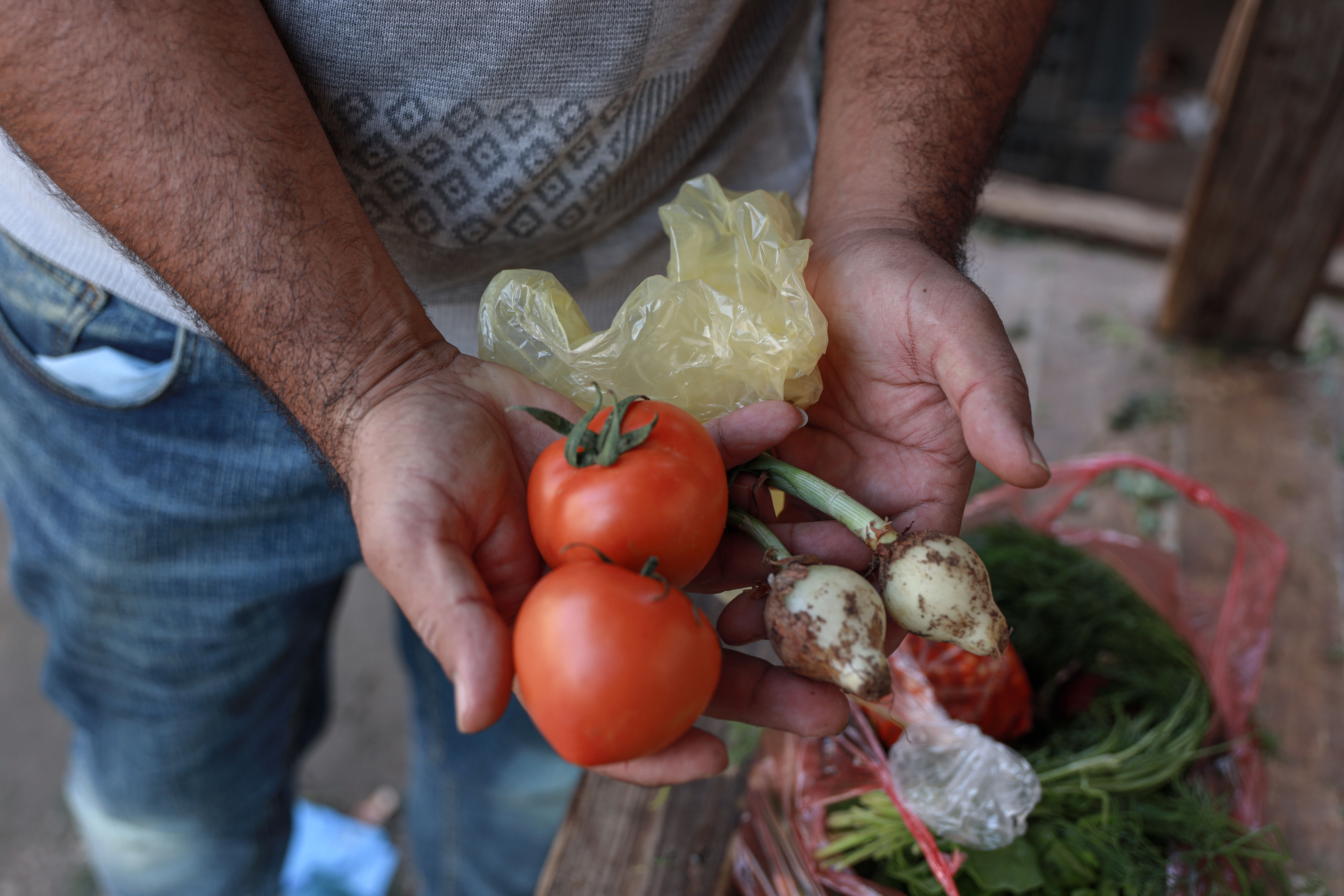 The cost of two onions and two tomatoes is currently about 32 shekels ($9) [Abdelhakim Abu Riash/Al Jazeera]