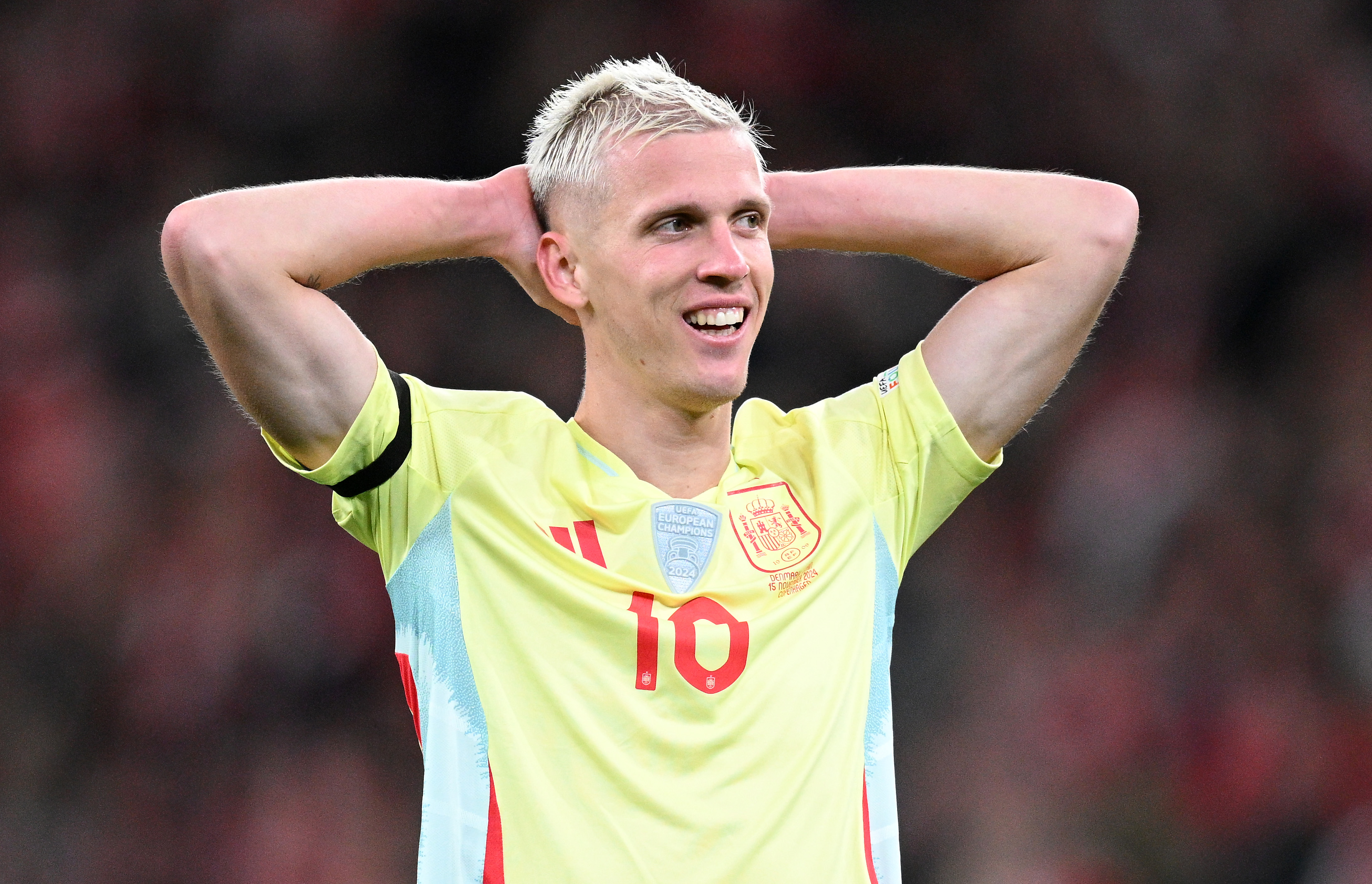 COPENHAGEN, DENMARK - NOVEMBER 15: Dani Olmo of Spain reacts during the UEFA Nations League 2024/25 League A Group A4 match between Denmark and Spain at on November 15, 2024 in Copenhagen, Denmark. (Photo by Stuart Franklin/Getty Images)