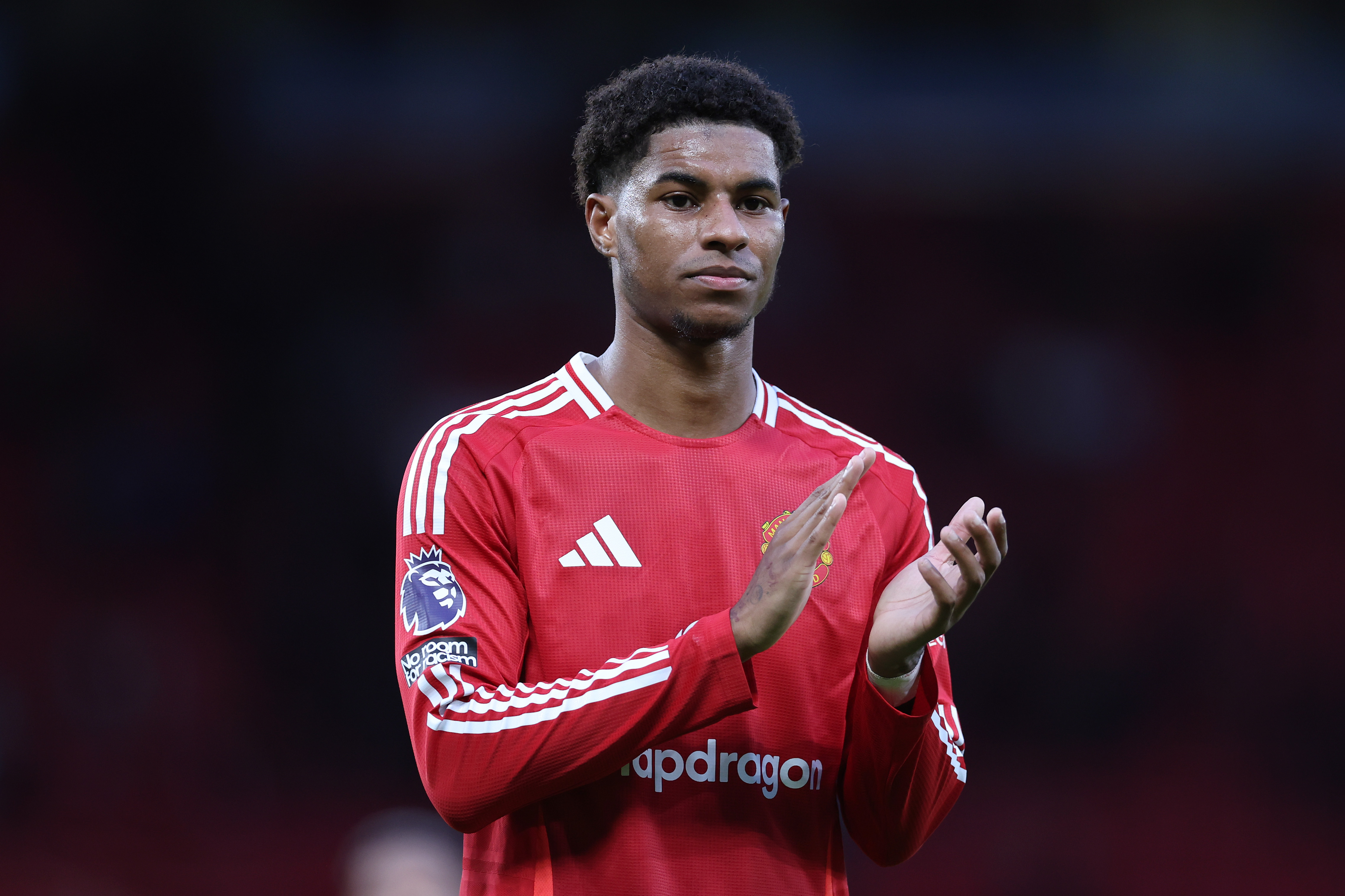 MANCHESTER, ENGLAND - DECEMBER 01: Marcus Rashford of Manchester United after the Premier League match between Manchester United FC and Everton FC at Old Trafford on December 01, 2024 in Manchester, England. (Photo by Alex Livesey/Getty Images)