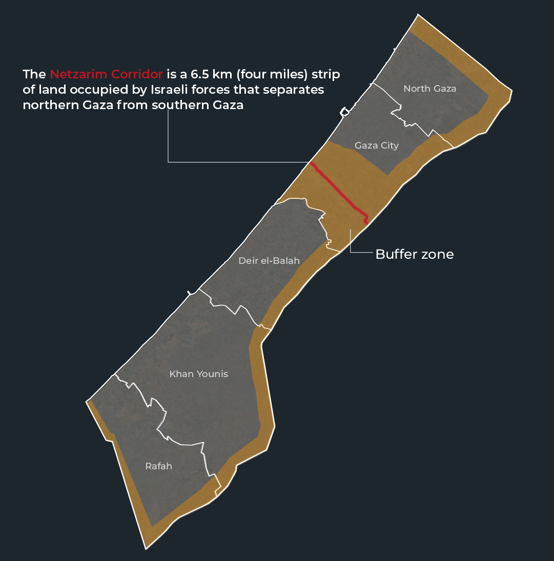 a map shows gaza with areas in orange showing land seized by Israel and a red line labelled netazarim
