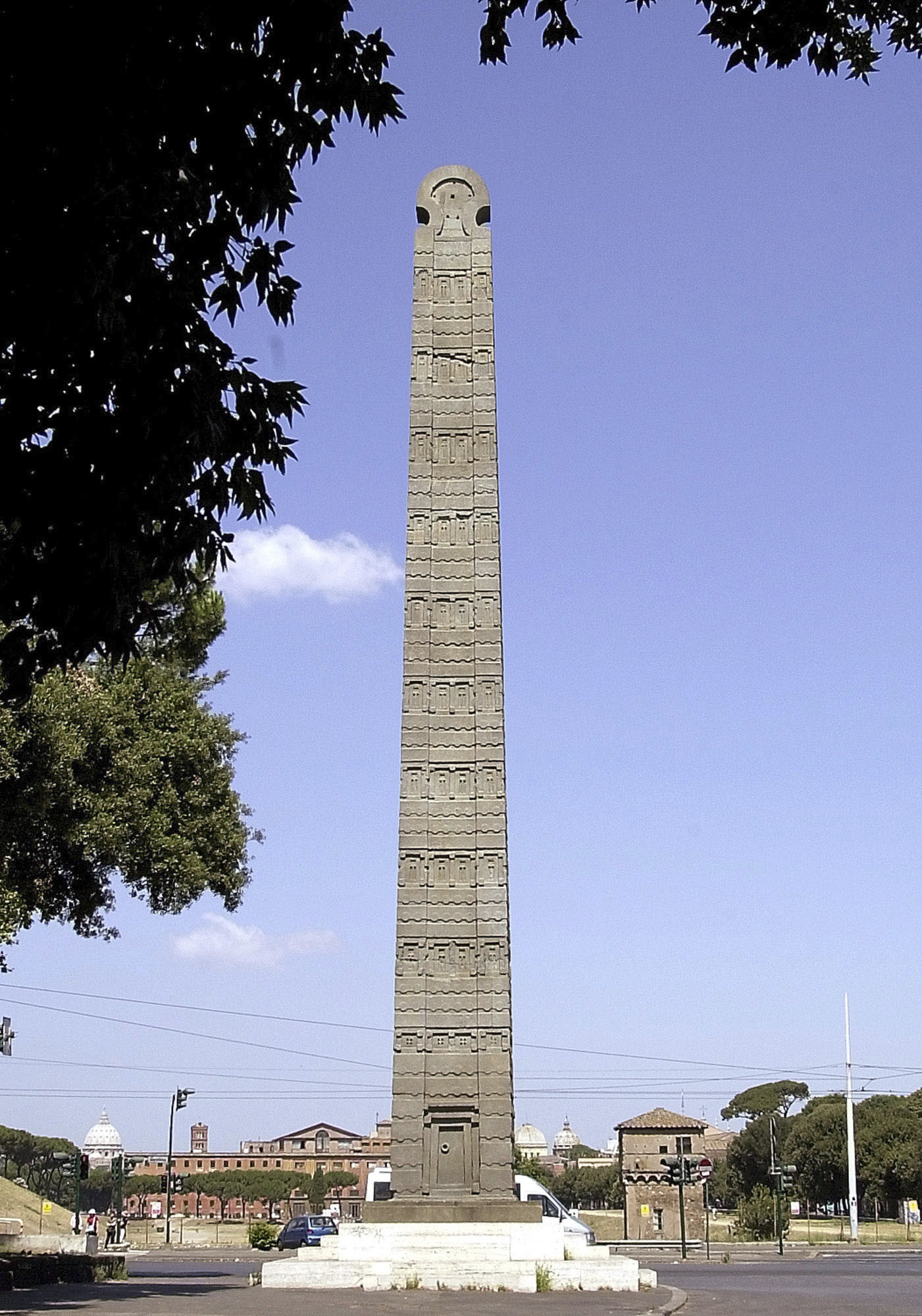 The 1,000-year-old obelisk of Axum, which was brought to Italy after fascist dictator Benito Mussolini’s 1937 invasion of Ethiopia, stands upright in the heart of downtown Rome, on July 21, 2001. The monument was returned in 2008