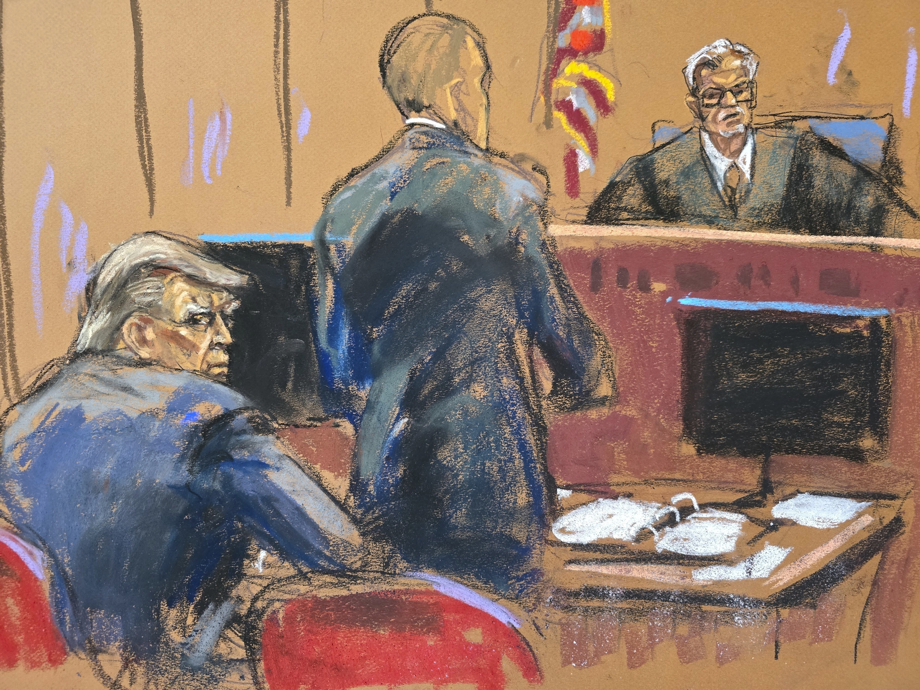 A courtroom sketch of Donald Trump seated before Judge Juan Merchan in 2024