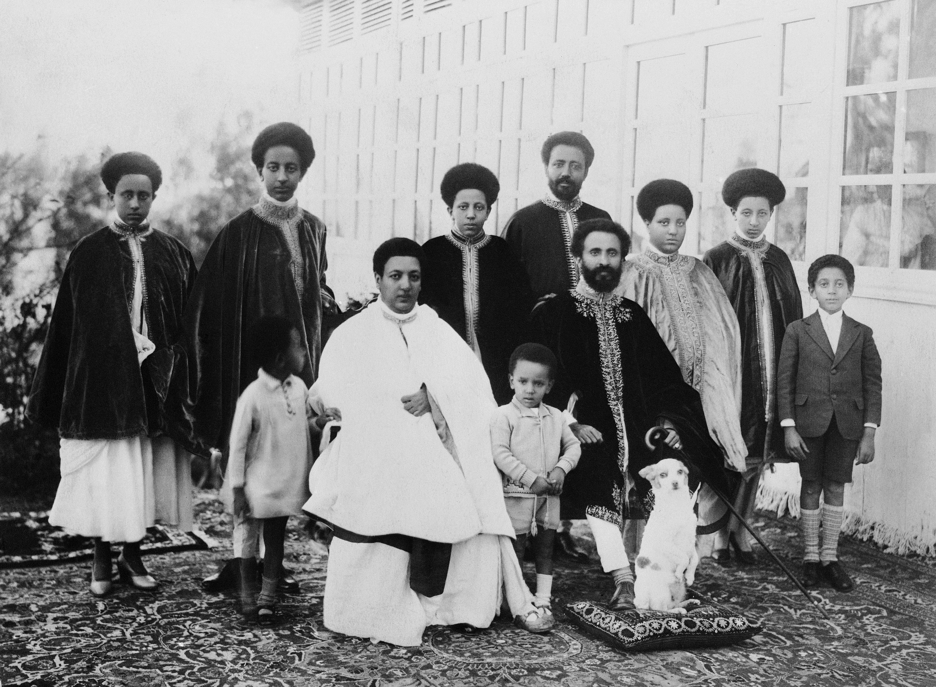 From left to right standing: Princess Tsehai; the Crown Prince of Ethiopia, Asfaw Wossen; the Ethiopian princess – wife of Ras Desta; Ras Desta, son-in-law of the emperor, married to the eldest daughter; the crown princess; Princess Thahai; Prince Makonnen; (seated in front) the emperor and empress with the two children of Ras Desta and the eldest daughter of the Emperor Haile Selassie, shown on August 20, 1935