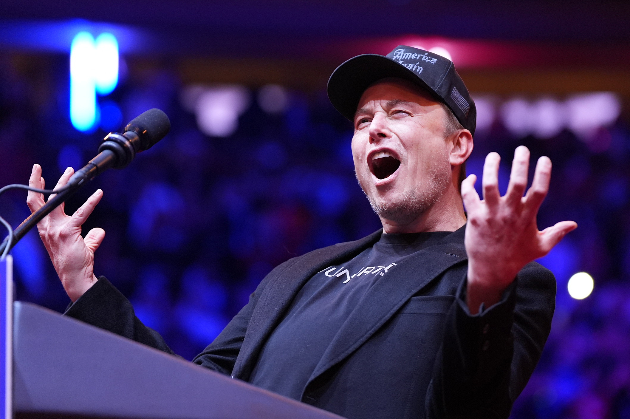 Elon Musk on stage before Republican presidential nominee former President Donald Trump speaks at a rally at Madison Square Garden in New York, NY