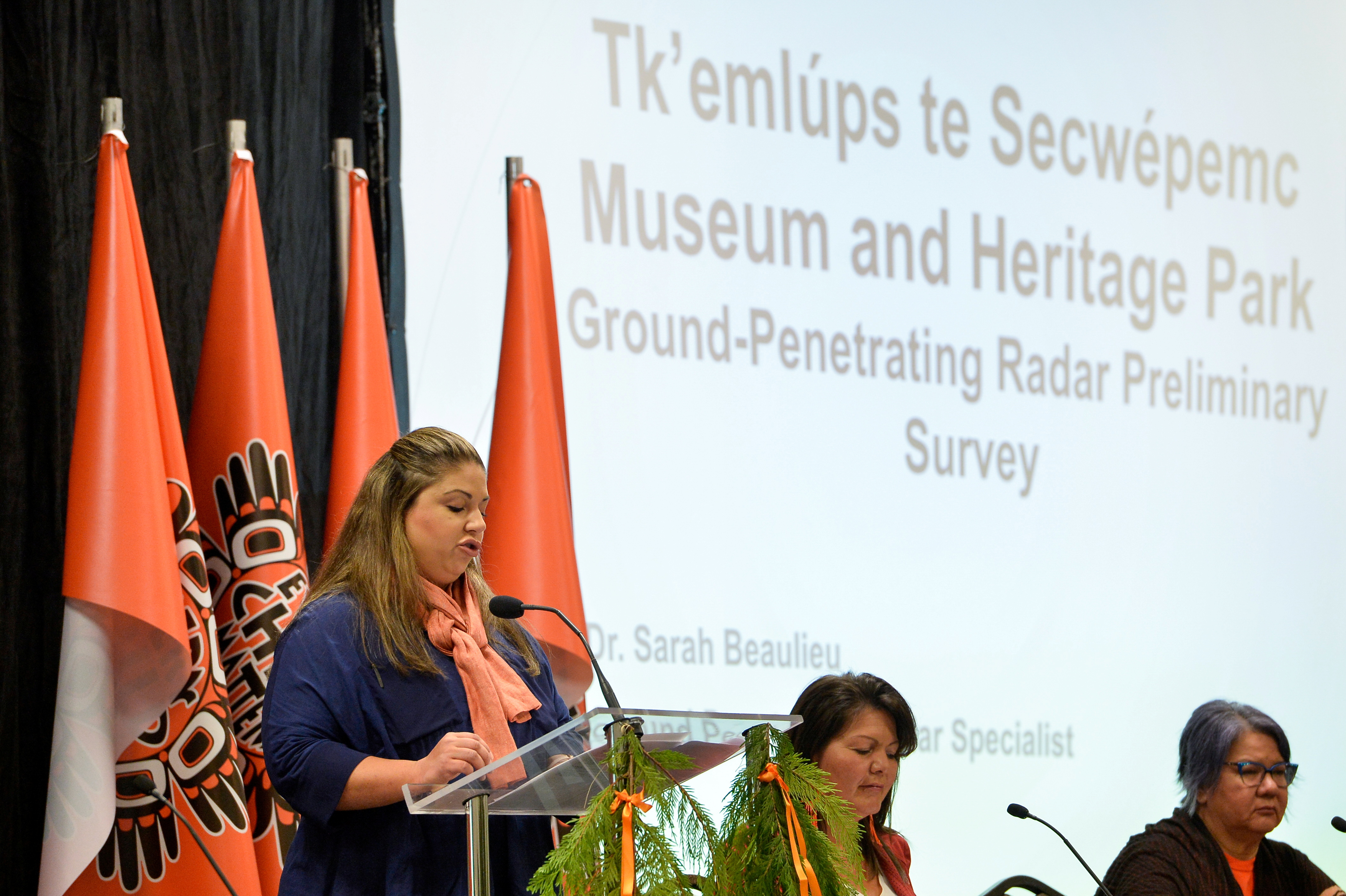 Dr Sarah Beaulieu presents preliminary findings of radar search at Kamloops Indian Residential School