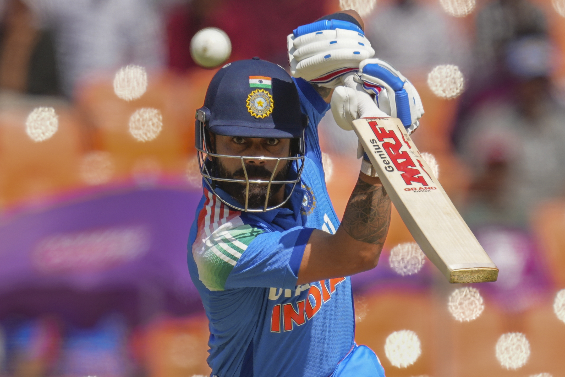 India's Virat Kohli plays a shot during the third one day international cricket match between India and England in Ahmedabad , India, Wednesday, Feb. 12, 2025. (AP Photo/ Ajit Solanki)