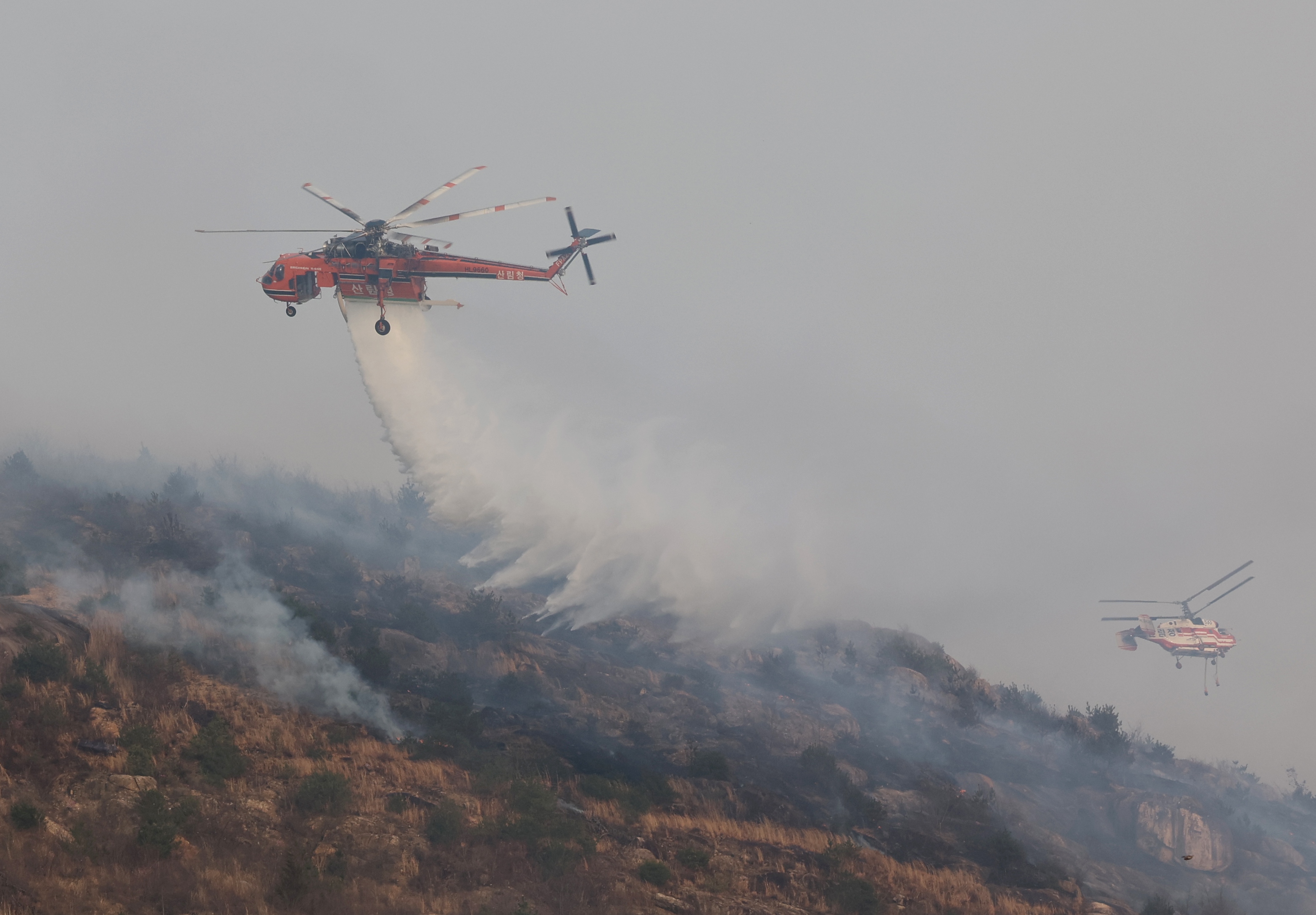 epa11987094 Helicopters extinguish wildfires by dropping water to a mountain in Ulsan, 305 kilometers southeast of Seoul, South Korea, 25 March 2025. EPA-EFE/YONHAP SOUTH KOREA OUT