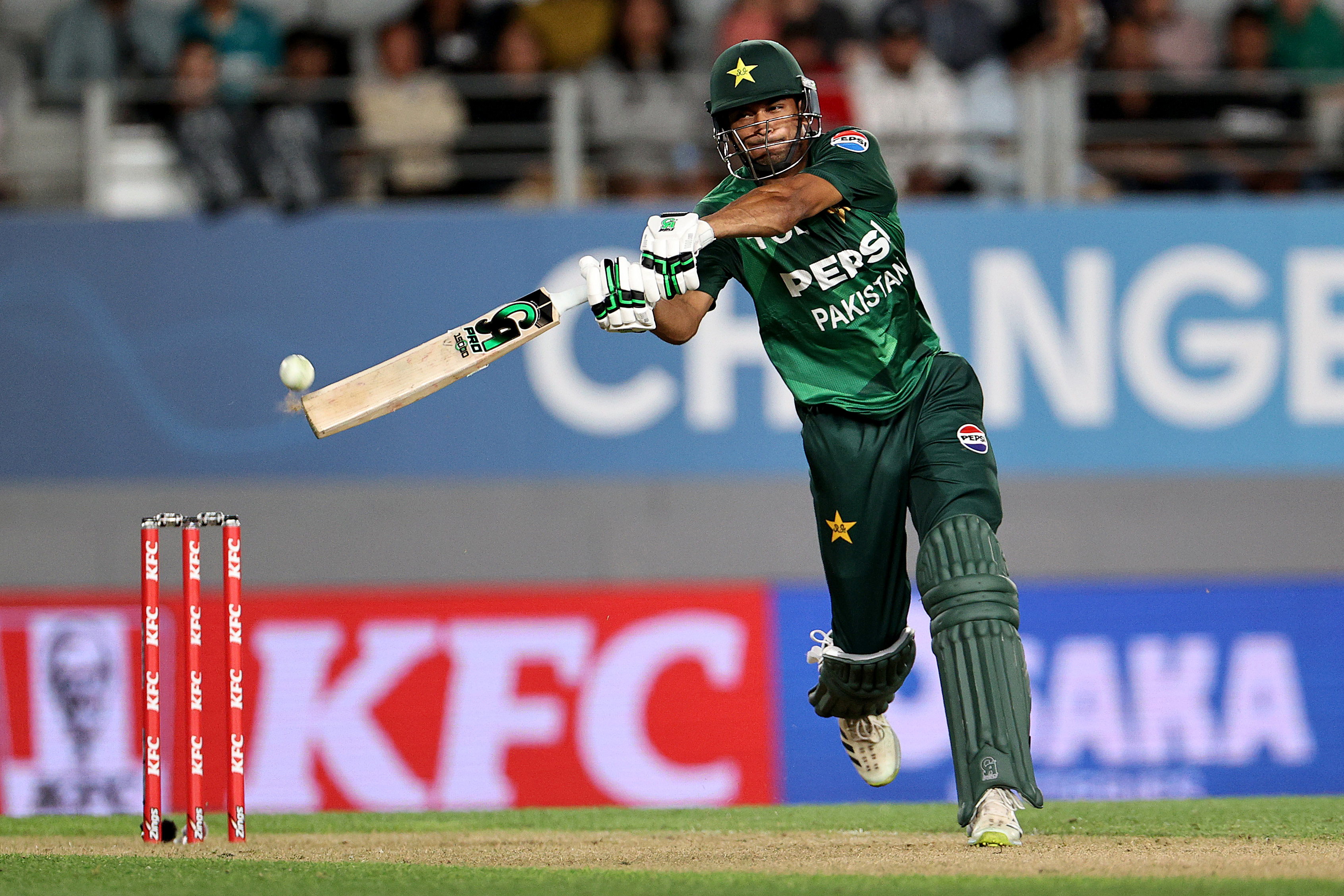 AUCKLAND, NEW ZEALAND - MARCH 21: Hassan Nawaz of Pakistan plays a shot during game three of the Men's T20 series between New Zealand and Pakistan at Eden Park, on March 21, 2025, in Auckland, New Zealand. (Photo by Dave Rowland/Getty Images)