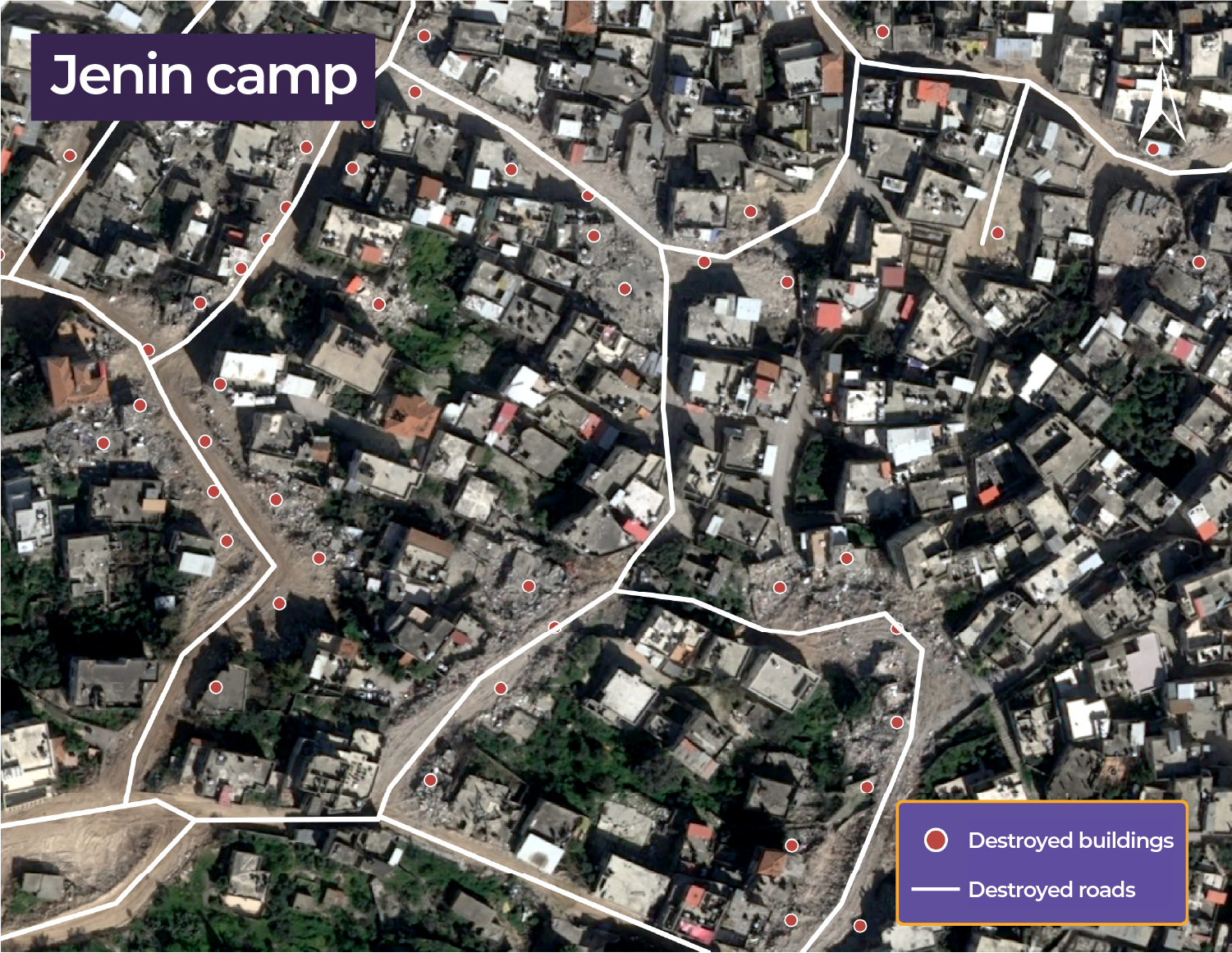 Satellite image showing destroyed buildings and roads in Jenin refugee camp, March 12, 2025 [Airbus]