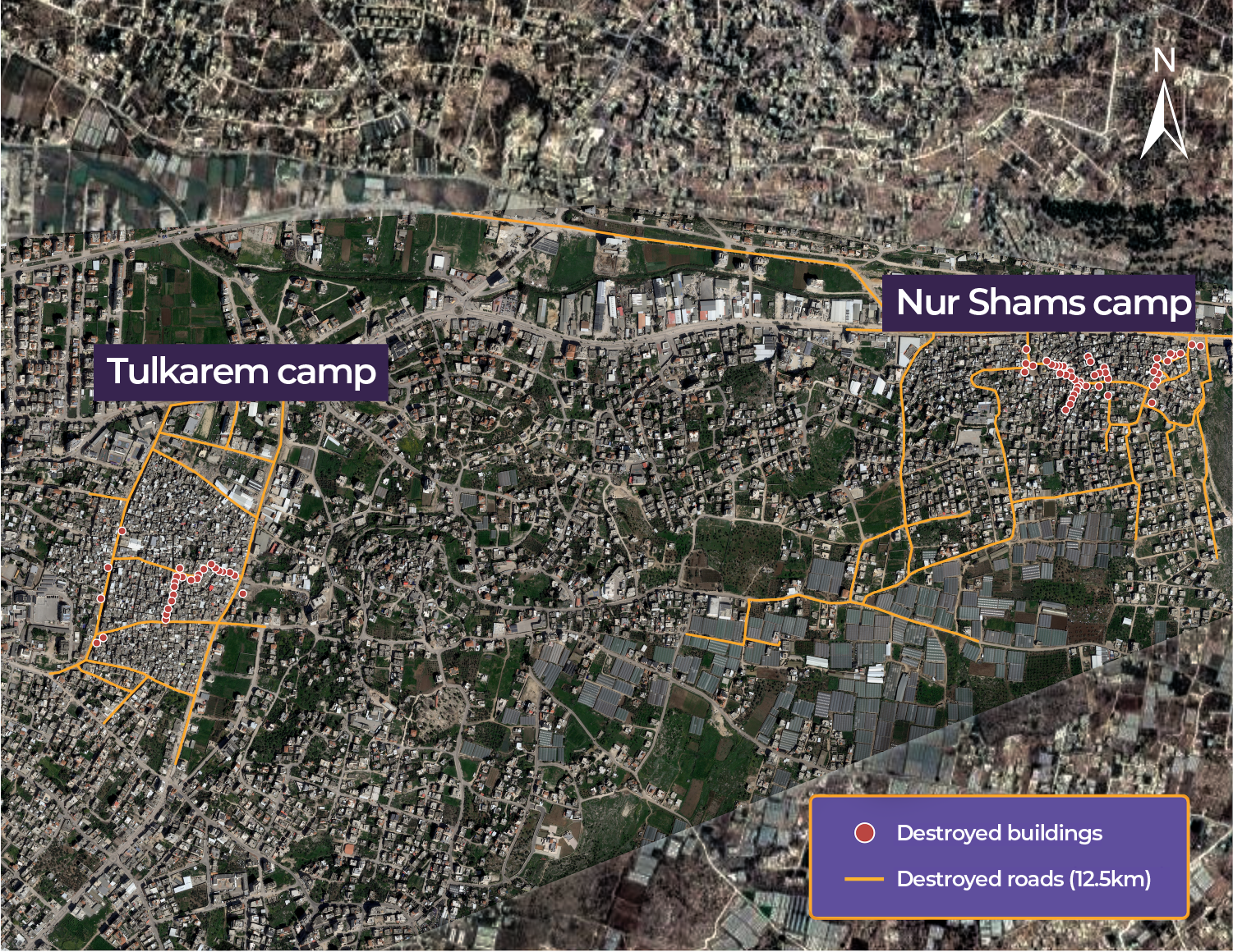 Satellite image showing destroyed buildings and roads in Tulkarem and Nur Shams refugee camps, March 12, 2025, [Airbus]