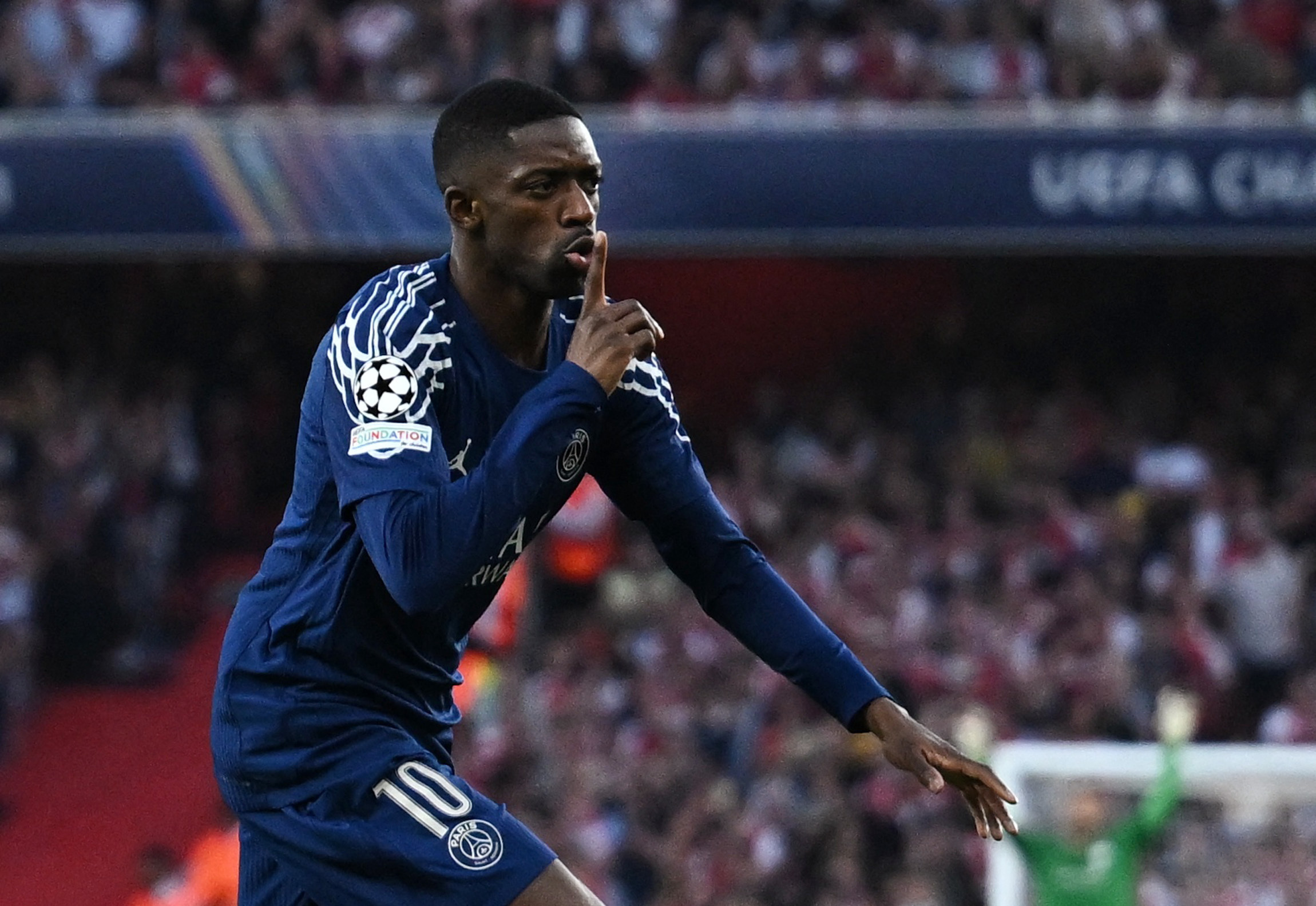 Soccer Football - Champions League - Semi Final - First Leg - Arsenal v Paris Saint Germain - Emirates Stadium, London, Britain - April 29, 2025 Paris St Germain's Ousmane Dembele celebrates scoring their first goal REUTERS/Dylan Martinez