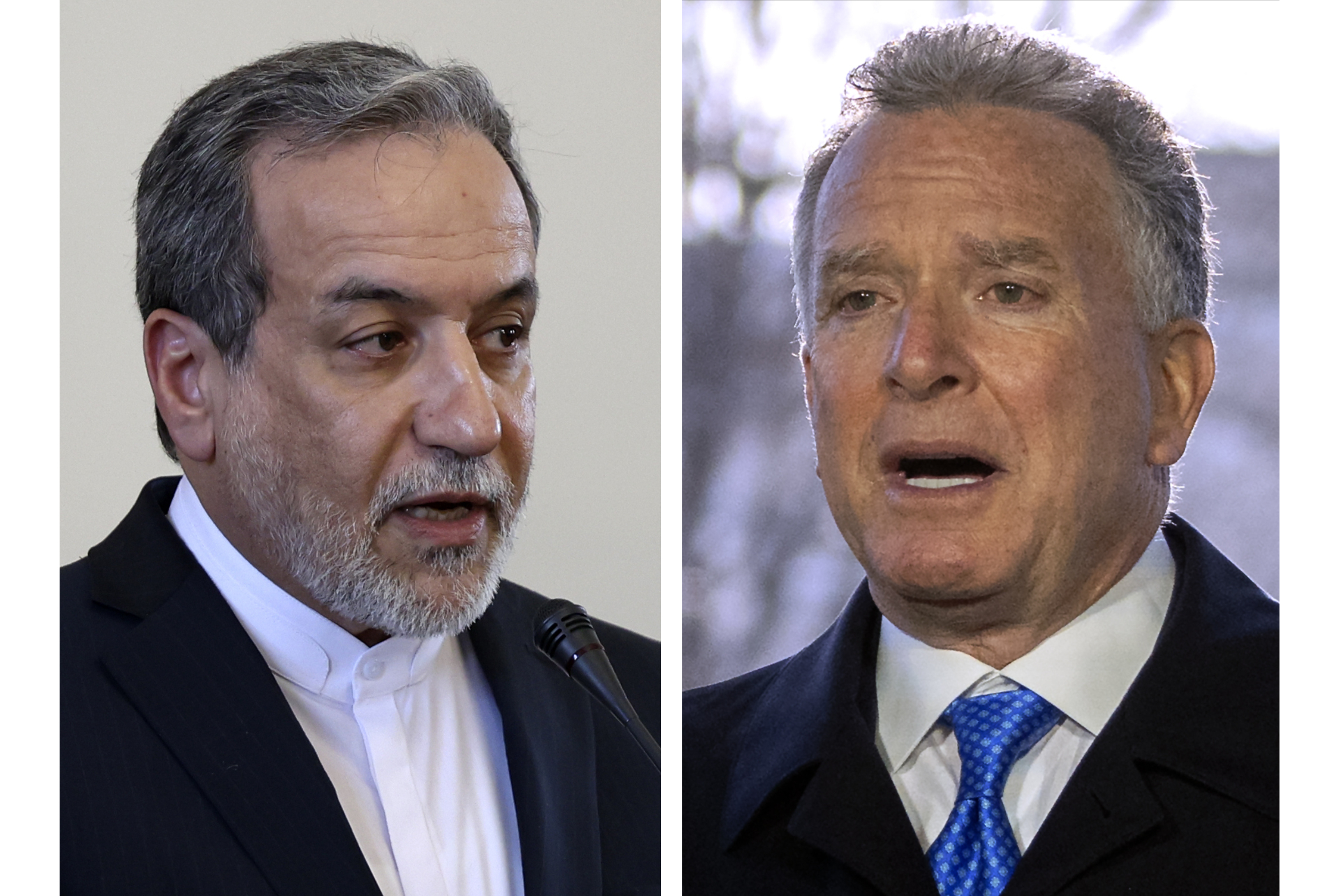 This combo shows Iranian Foreign Minister Abbas Araghchi, left, pictured in Tehran, Iran, Tuesday, Feb. 25, 2025 and Steve Witkoff, right, White House special envoy, pictured in Washington, Wednesday, March 19, 2025. (AP Photos Stringer, Mark Schiefelbein)