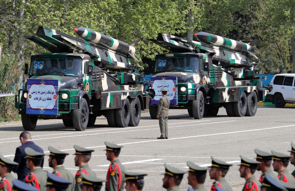 epa11283809 Iranian medium range missiles 'Nazeat' are displayed during the annual Army Day celebration at a military base in Tehran, Iran, 17 April 2024. According to Iranian state media, Raisi described the recent attack launched towards Israel as 'limited' and 'punitive', adding that any act of aggression against Iran will be dealt with a 'powerful and fierce' response. Iran's Islamic Revolutionary Guards Corps (IRGC) launched drones and rockets towards Israel late on 13 April. EPA-EFE/ABEDIN TAHERKENAREH