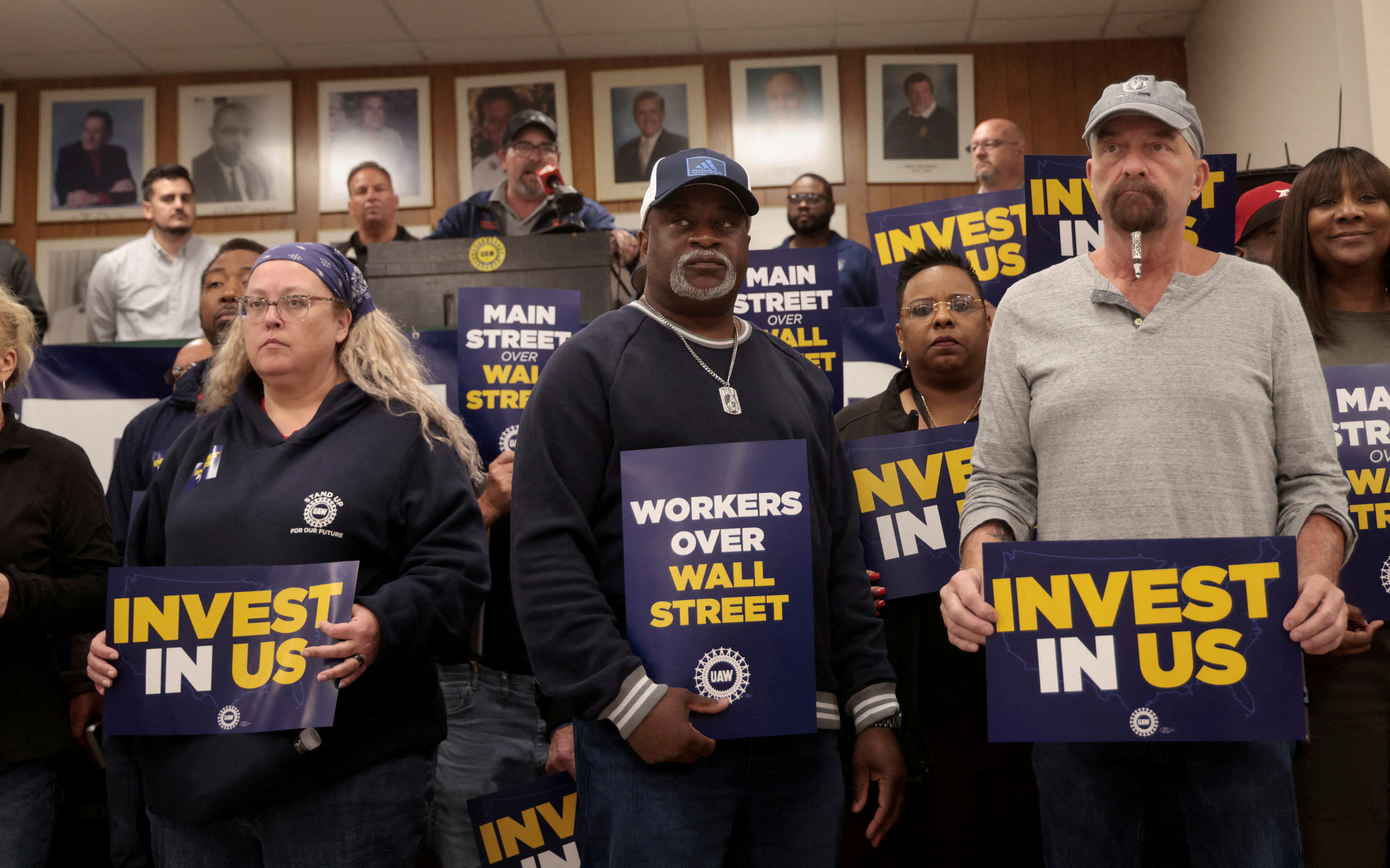 Chrysler Trenton Engine Complex assembly workers take part in a Invest In Us rally at the UAW Local 372 union hall in Trenton, Michigan, US
