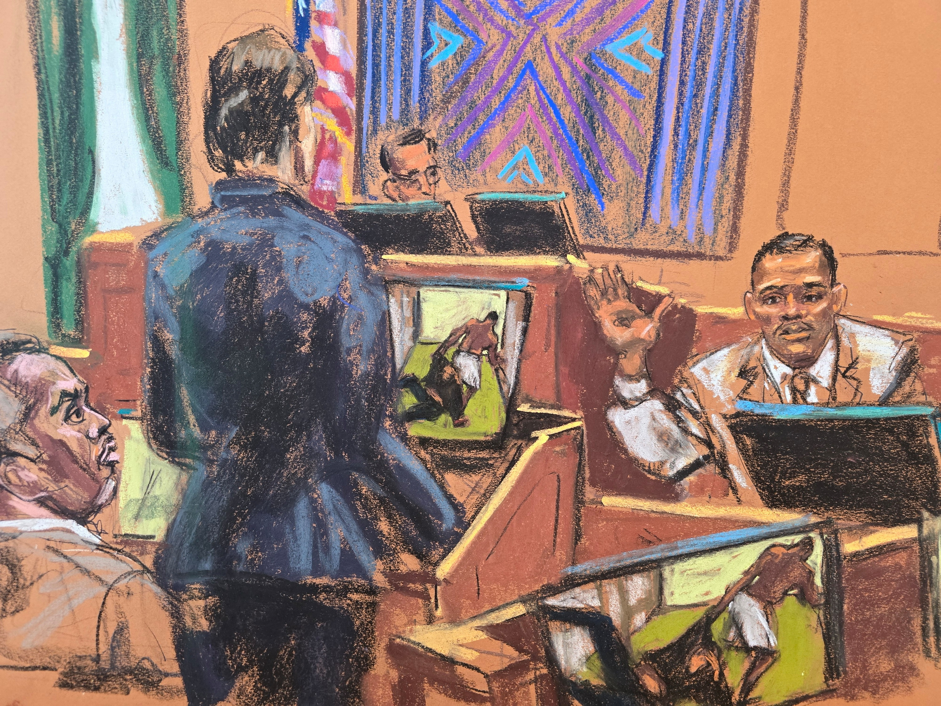 Prosecutor Christy Slavik questions Israel Florez, a former security guard, as Sean "Diddy" Combs and U.S. District Judge Arun Subramanian listen at Combs' sex trafficking trial in New York City, New York, U.S., May 12, 2025 in this courtroom sketch. REUTERS/Jane Rosenberg