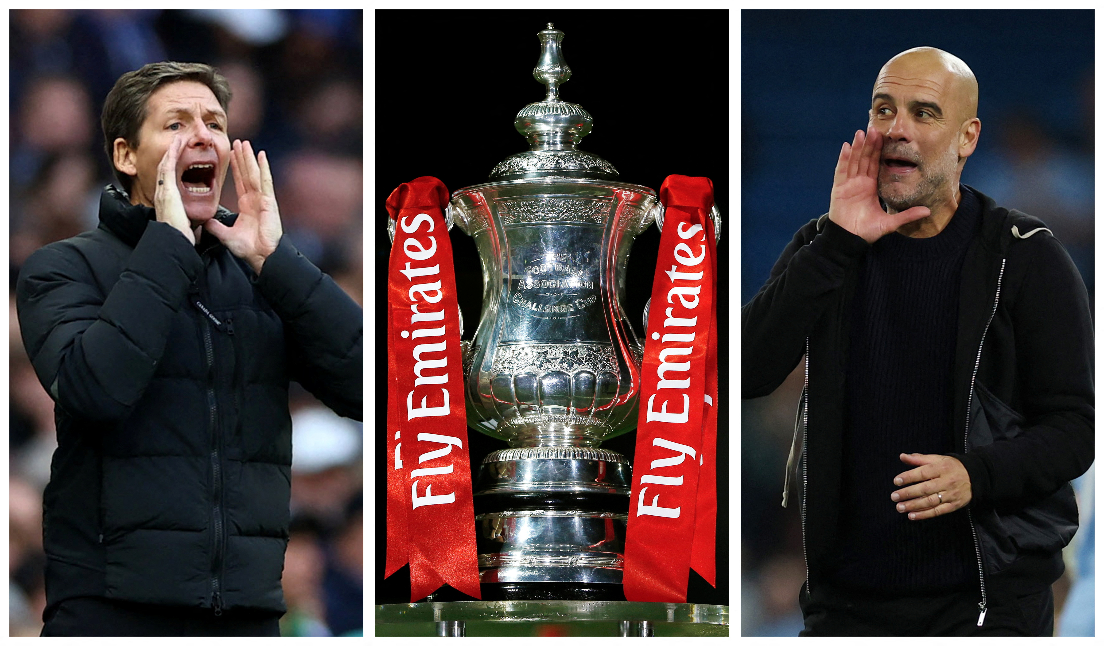 A combination picture shows Crystal Palace manager Oliver Glasner, the FA Cup trophy and Manchester City manager Pep Guardiola.
