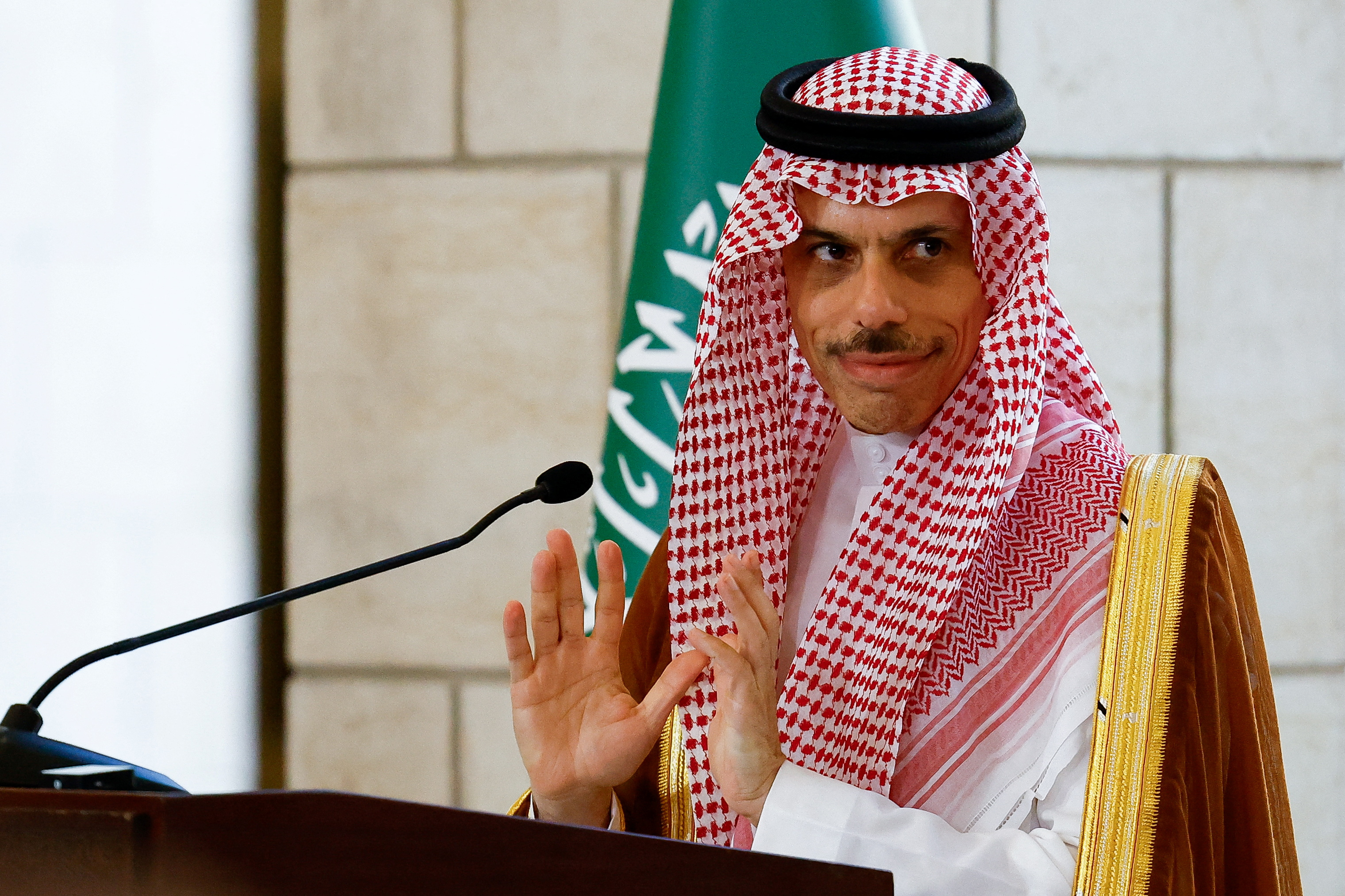 Saudi Foreign Minister Prince Faisal bin Farhan Al Saud attends a press conference with Syrian Foreign Minister Asaad Hassan al-Shibani (not pictured), in Damascus, Syria May 31, 2025. REUTERS/Yamam Al Shaar