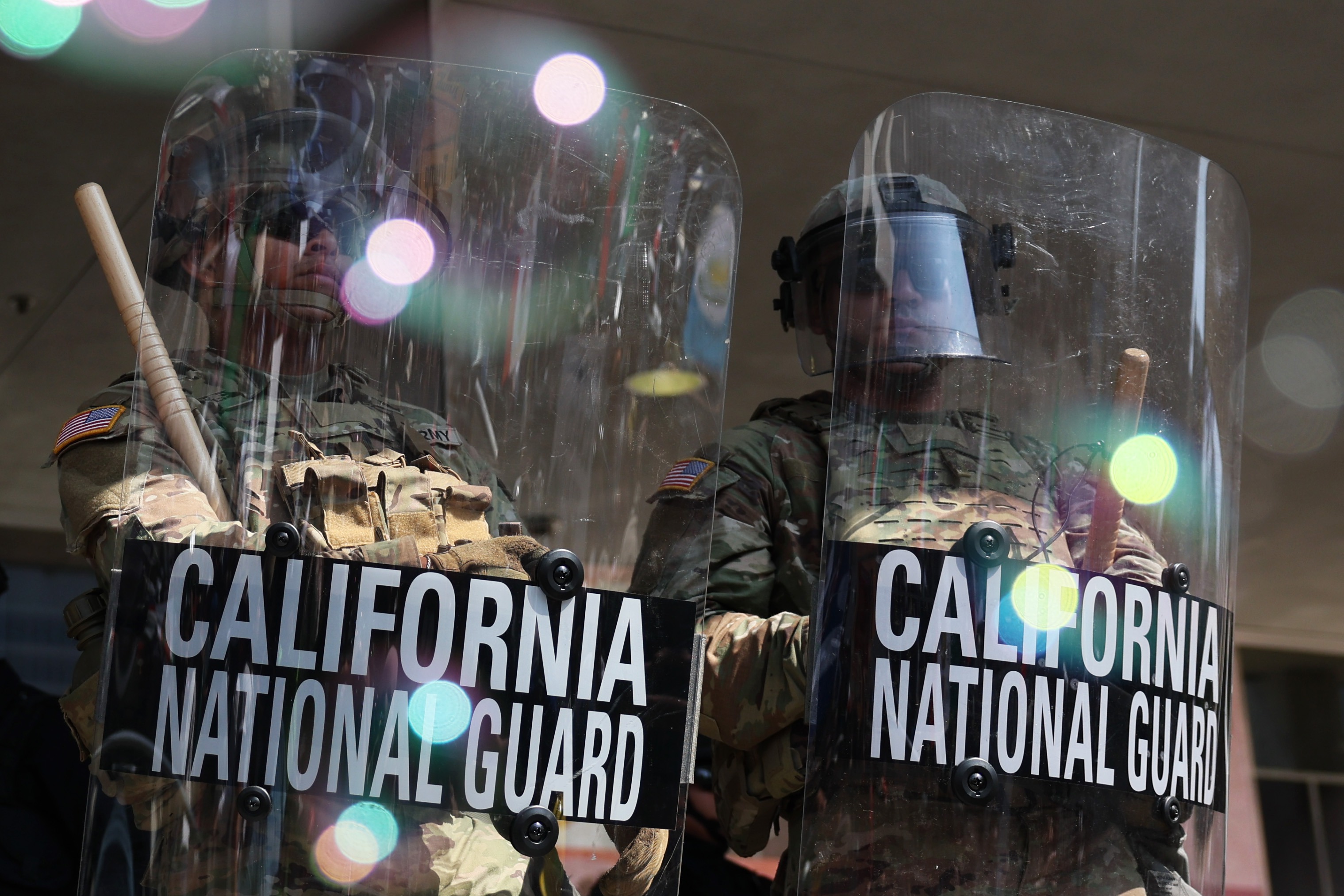The California National Guard protects the federal building during protests sparked by immigration raids in Los Angeles, California