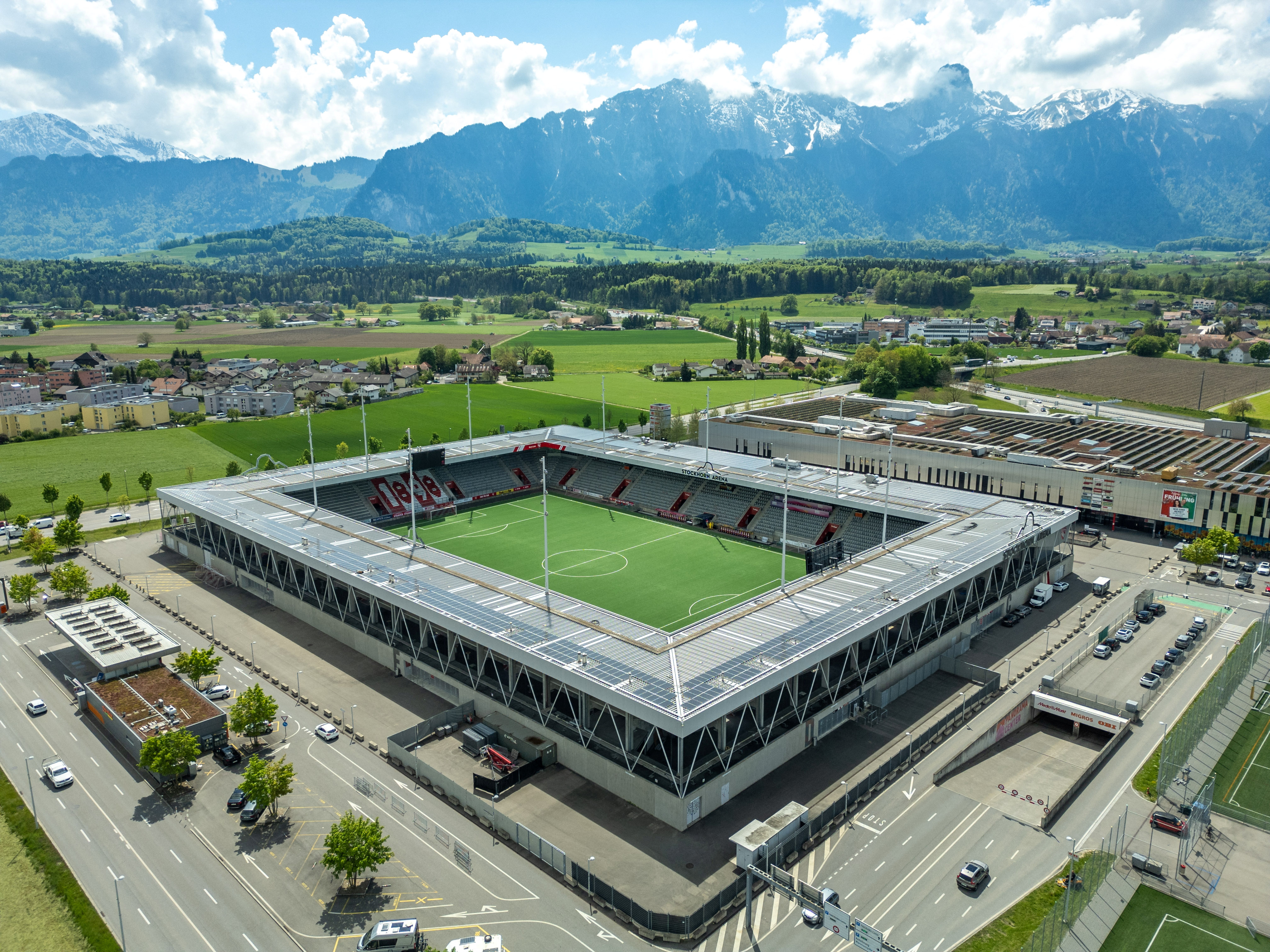 A drone view shows the Stockhorn Arena stadium ahead of UEFA Women's Euro 2025 in Thun, Switzerland, April 29, 2025. REUTERS/Denis Balibouse