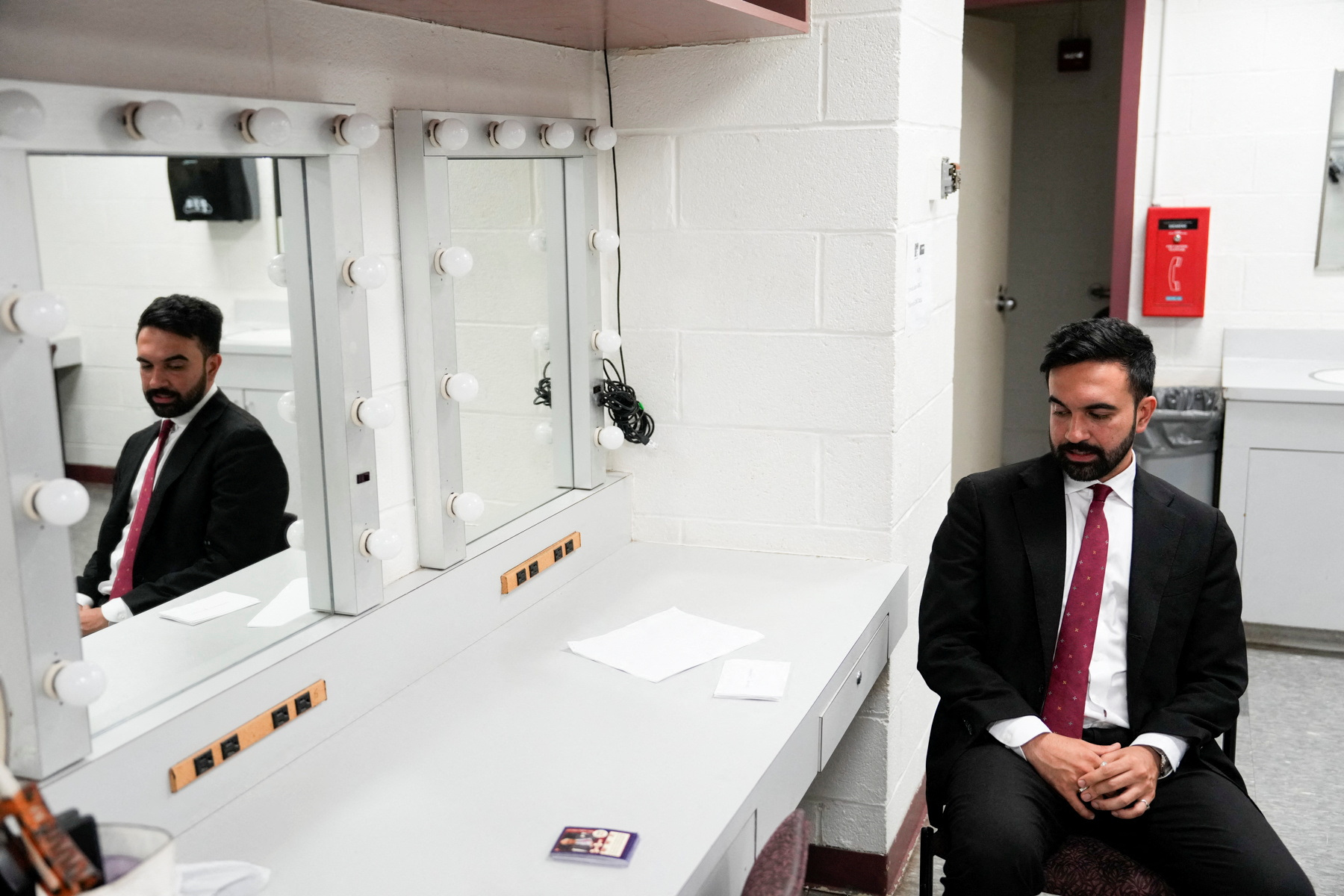 Assemblyman Zohran Mamdani preps before the New York City Democratic Mayoral Primary Debate at the John Jay College of Criminal Justice in the Gerald W. Lynch Theater in New York City., U.S., June 12, 2025. Vincent Alban/Pool via REUTERS