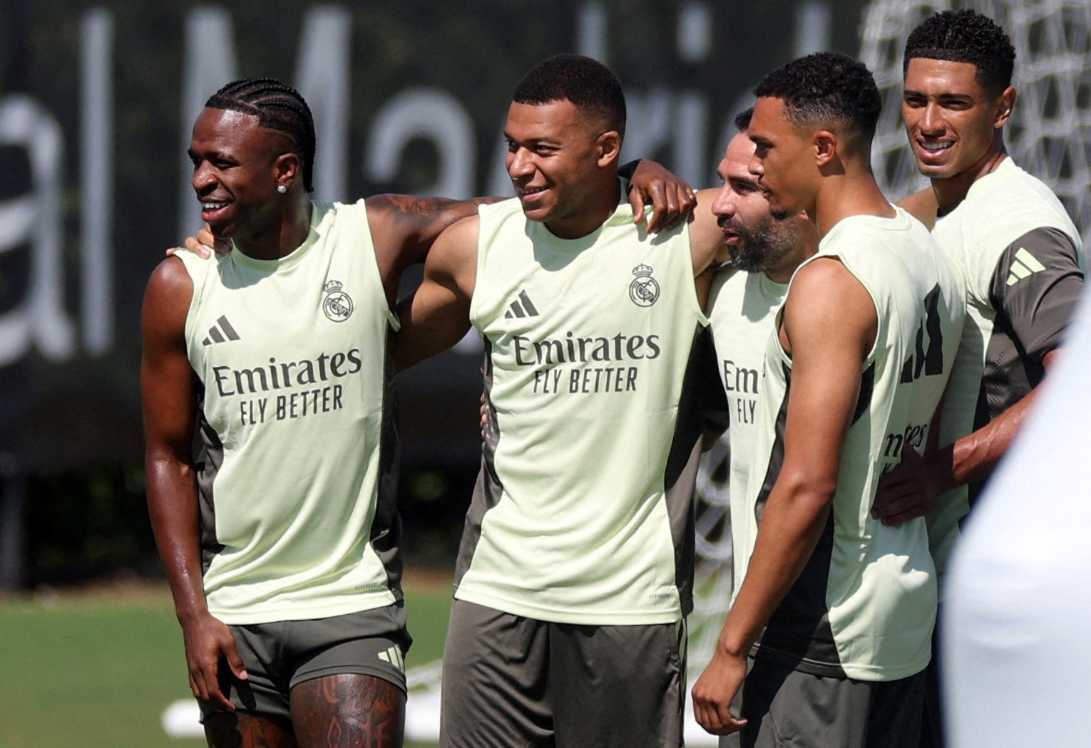 FILE PHOTO: Soccer Football - Club World Cup - Real Madrid Training - Gardens North Country District Park, Palm Beach Gardens, Florida, U.S. - June 15, 2025 Real Madrid's Vinicius Junior, Kylian Mbappe, Dani Carvajal, Trent Alexander-Arnold and Jude Bellingham during training REUTERS/Hannah Mckay/File Photo