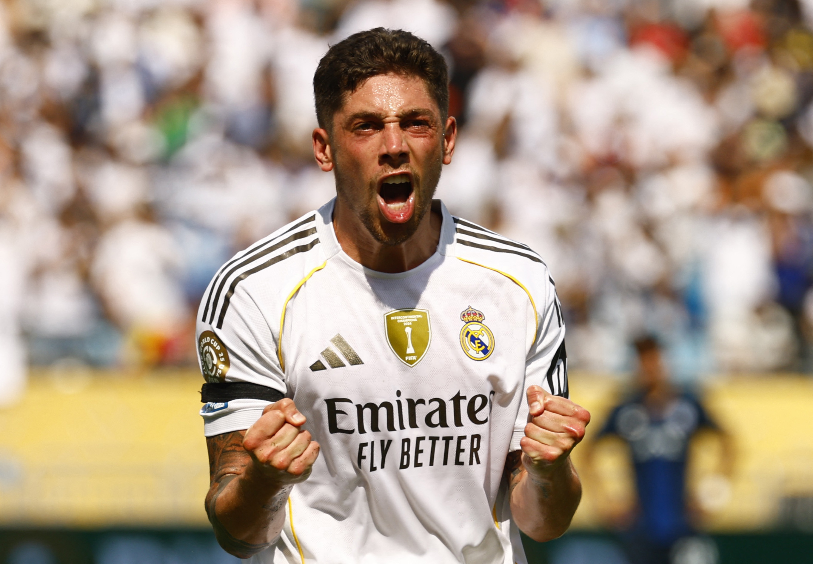Real Madrid's Federico Valverde celebrates scoring their third goal